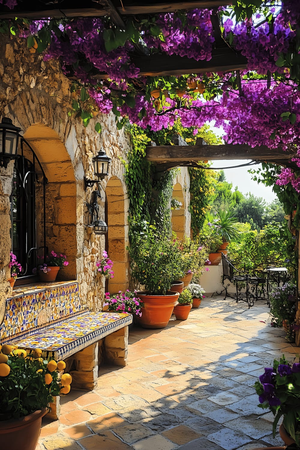 A sunny Mediterranean courtyard featuring vibrant mosaic tile benches, terracotta pots filled with rosemary and lemon trees, a wrought iron pergola heavily fringed with purple bougainvillea, and dappled shadows playing across the sunlit stone walls.