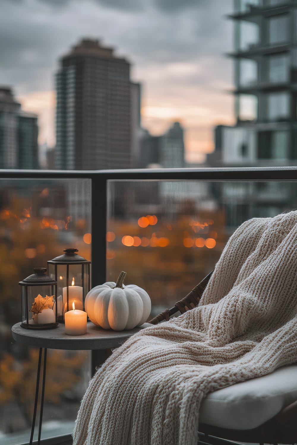 A small, round table on a balcony holds a white pumpkin, white candles, and a lantern with autumn leaves. Next to the table is a chair draped with a thick, off-white knitted blanket. The background features a cityscape with blurred high-rise buildings and a soft, muted sunset sky.