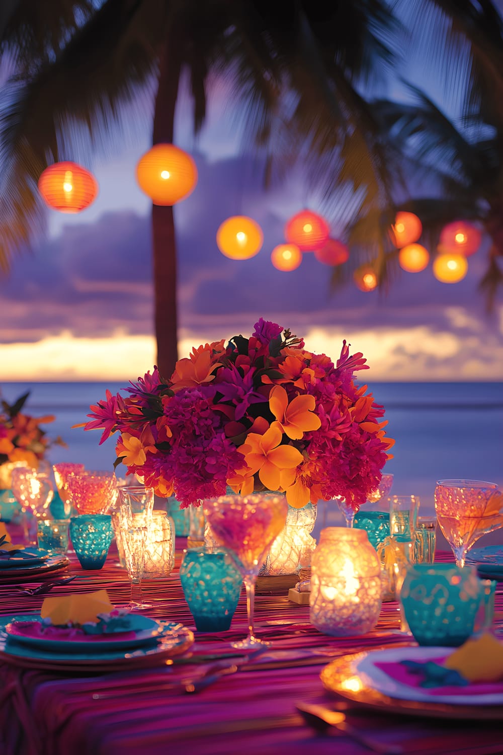 A beachside dinner setting at twilight with a bamboo table decorated with bright coral and turquoise tableware. The table's centerpiece is an extravagant arrangement of tropical flowers in vivid fuchsia, orange, and yellow. Patterned lanterns hanging from surrounding palm trees cast colourful reflections on the sand. The fading sunlight creates intense purple and orange hues in the sky, emphasizing the lively and exotic ambience of the scene.