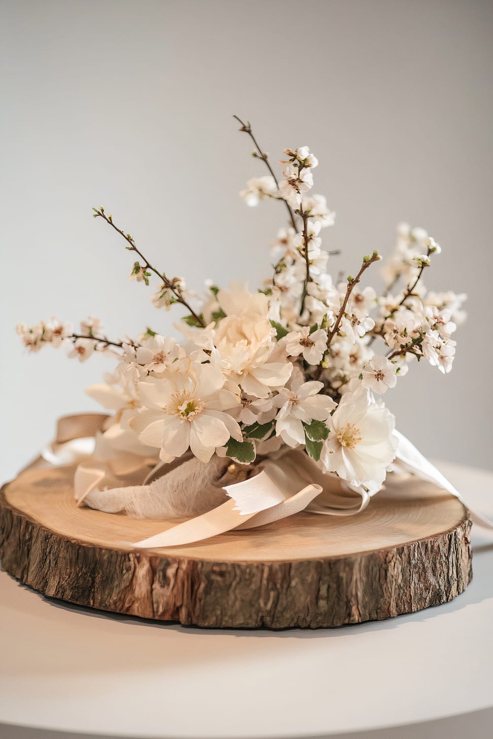 A rustic wood slice centerpiece adorned with soft neutral ribbons and minimalist white flowers, placed on a matte surface and illuminated by a spotlight.