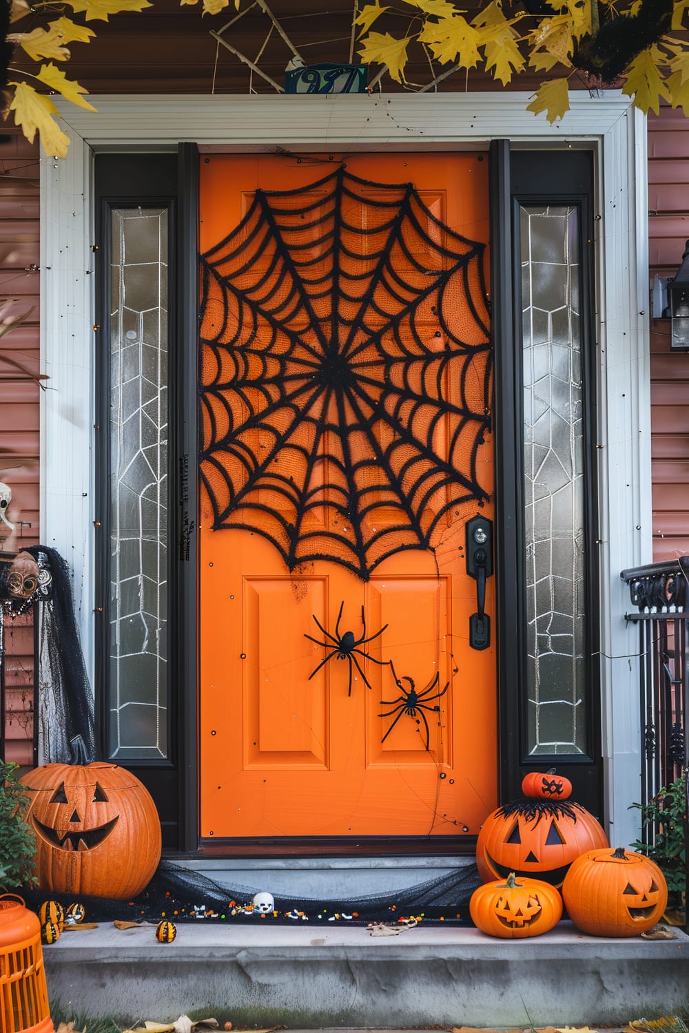 An orange front door is decorated for Halloween with a large black spider web covering most of the surface. Two large black spiders are attached to the door. Flanking the door are glass side panels with a spider web design. The porch is adorned with several carved jack-o'-lanterns, a small skull, and black netting. Candy and small pumpkins are scattered near the steps. A skull prop is visible on the left side of the doorway.