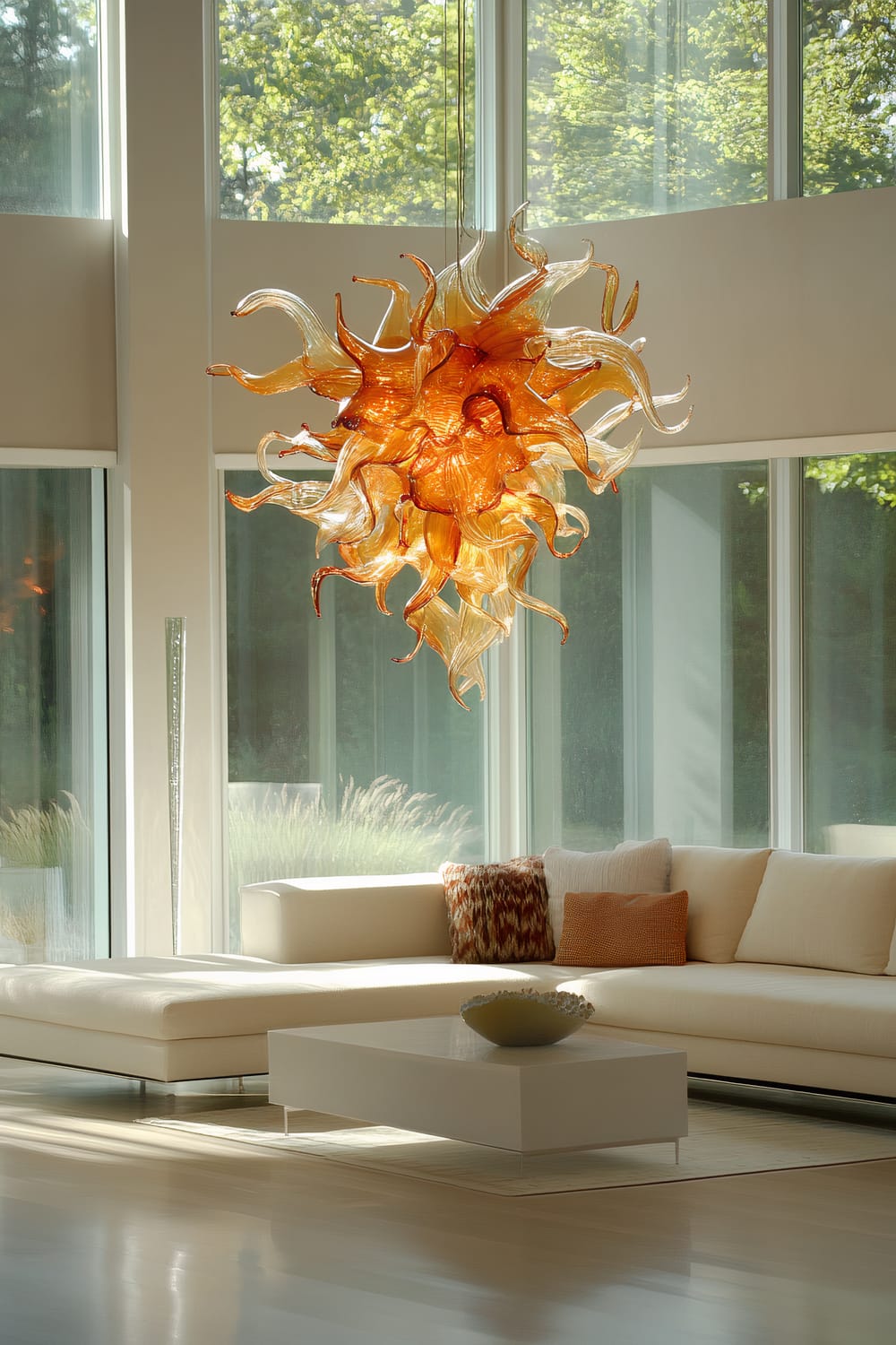 A modern living room featuring a bold chandelier made of blown glass in the center, designed with organic shapes and vibrant colors. Below it, a streamlined white sofa with a mix of decorative pillows is situated. In front of the sofa, a minimalist white coffee table holds a sculptural centerpiece. Large floor-to-ceiling windows allow soft natural light to fill the room, highlighting the neutral color scheme and enhancing the dramatic effect of the chandelier. A single geometric floor lamp stands beside the sofa.