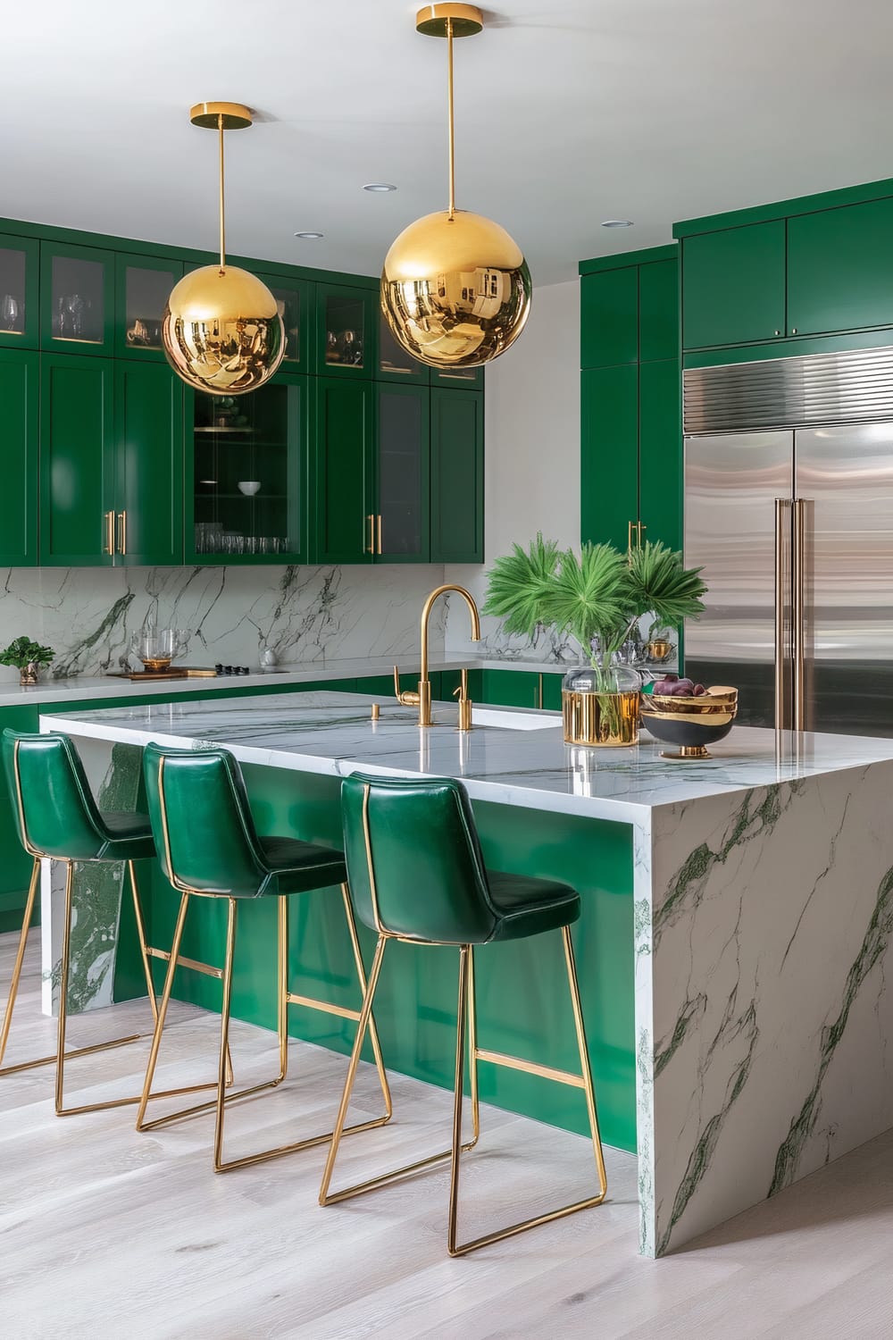 A luxurious kitchen featuring glossy emerald green cabinetry and marble countertops with green veining. Above the island, two large, spherical golden pendant lights hang, adding opulence to the scene. Three green leather barstools with gold metal frames are positioned at the island. A stainless steel double-door refrigerator stands to the right. A vase with green foliage and golden decorative items enhance the elegant aesthetic.