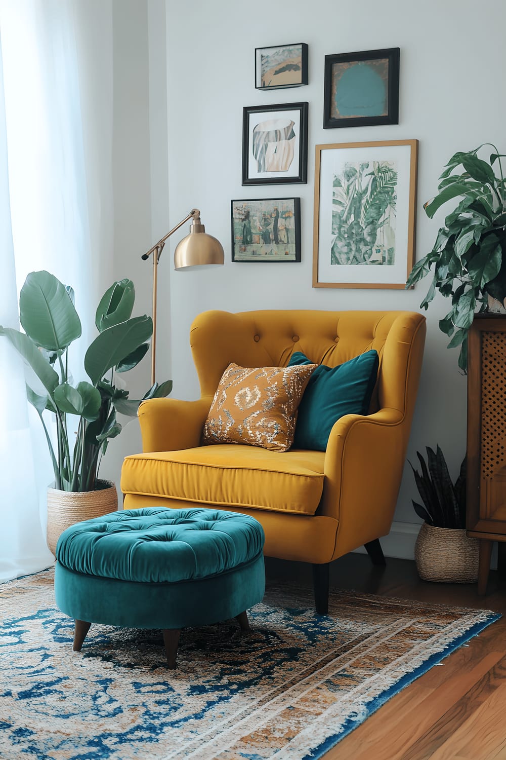 An eclectic living room with white walls featuring a mustard yellow armchair with teal cushions, a yellow ottoman, varied art pieces on the wall, teal patterned rugs on the floor, and various houseplants in yellow pots. The room is illuminated by multiple light sources including floor lamps and eclectic pendant lights.