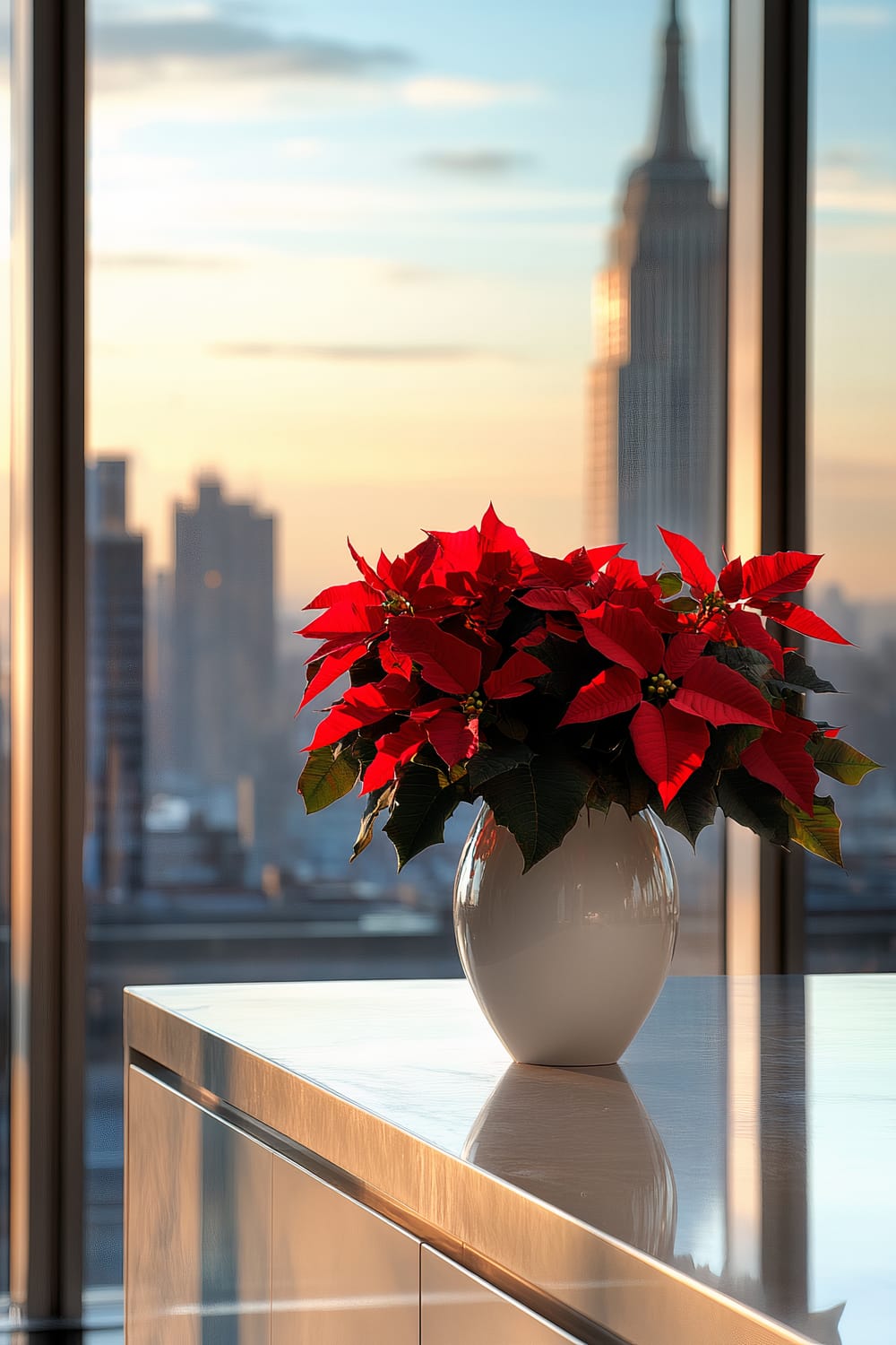 A modern kitchen in a Manhattan penthouse featuring a sleek, white ceramic vase with vibrant red poinsettias on a minimalist kitchen island. The expansive city skyline, including a prominent skyscraper, is visible through large windows, with warm ambient lighting highlighting the flowers.