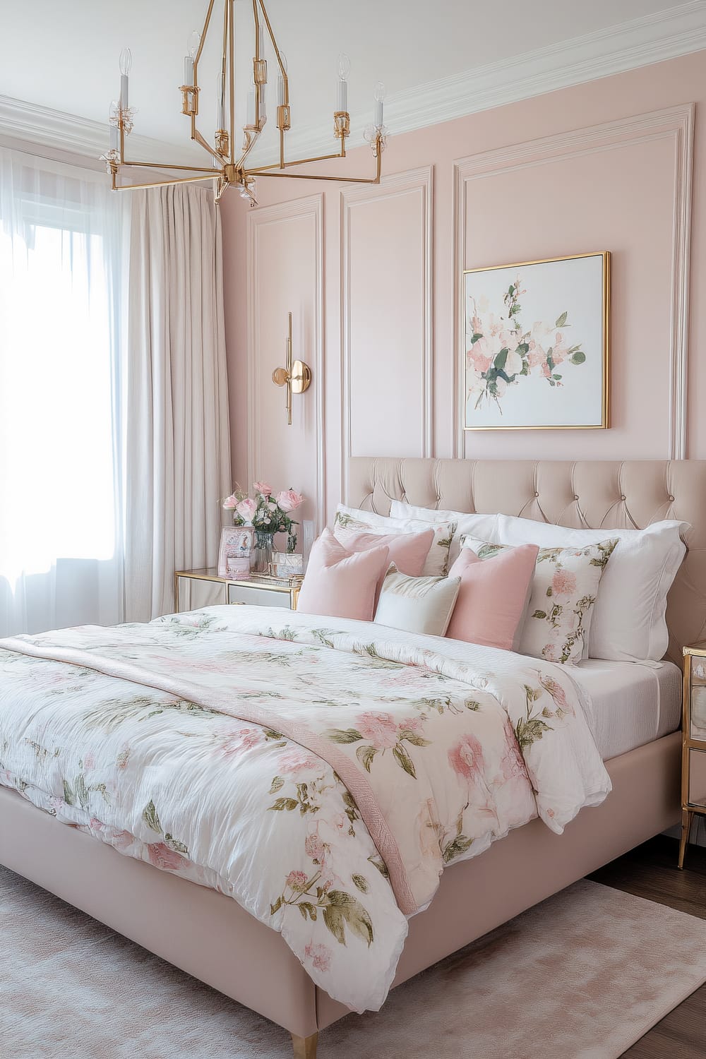 A luxurious bedroom with a romantic pastel pink theme. The room features a large bed with a tufted headboard, dressed in white and pink floral bedding. A gold chandelier with geometric lines hangs from the ceiling, while two gold sconce lights complement the lighting scheme. On one side of the bed, there is a mirrored bedside table adorned with a vase of pink roses and other decorative items. The walls are painted in a soft pink color with elegant wainscoting, and a botanical artwork in a gold frame hangs above the headboard. Sheer white curtains cover a large window, allowing natural light to gently filter through.