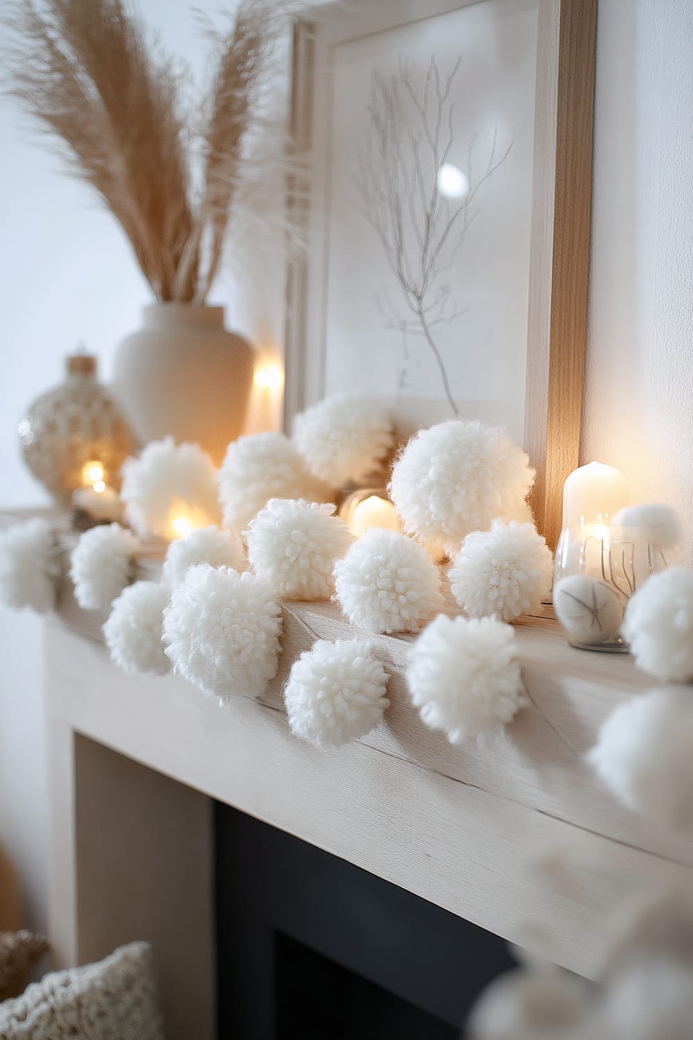 A fluffy white pom-pom garland is draped over a light wooden mantel in a Scandinavian-style living room. The mantel is adorned with candles, decorative jars, and a vase containing dried wheat stalks. A framed minimalist line drawing of a tree branch is hung on the wall above the mantel. The space is softly lit by the ambient lighting from the candles.