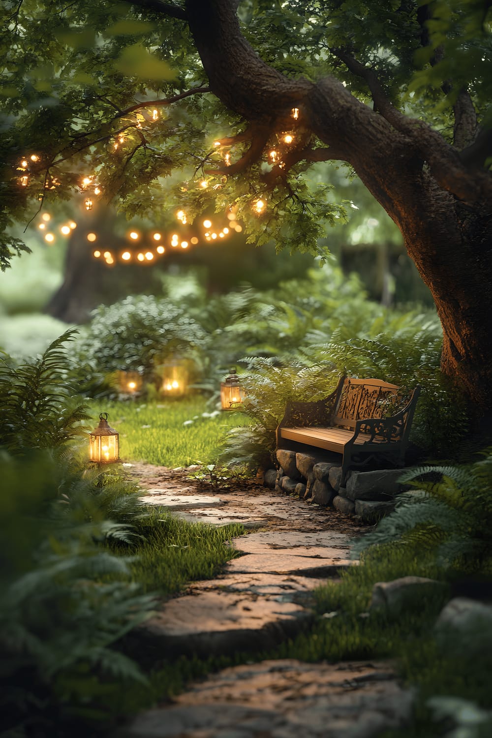 A dreamy night garden illuminated by soft, diffused firefly lights. The serpentine path covered with mossy stones meanders to a secluded bench under a grand old oak tree. Enveloping the bench are lush ferns and inviting warm lanterns, casting a gentle glow against the rich greenery and the weathered stone of the pathway.