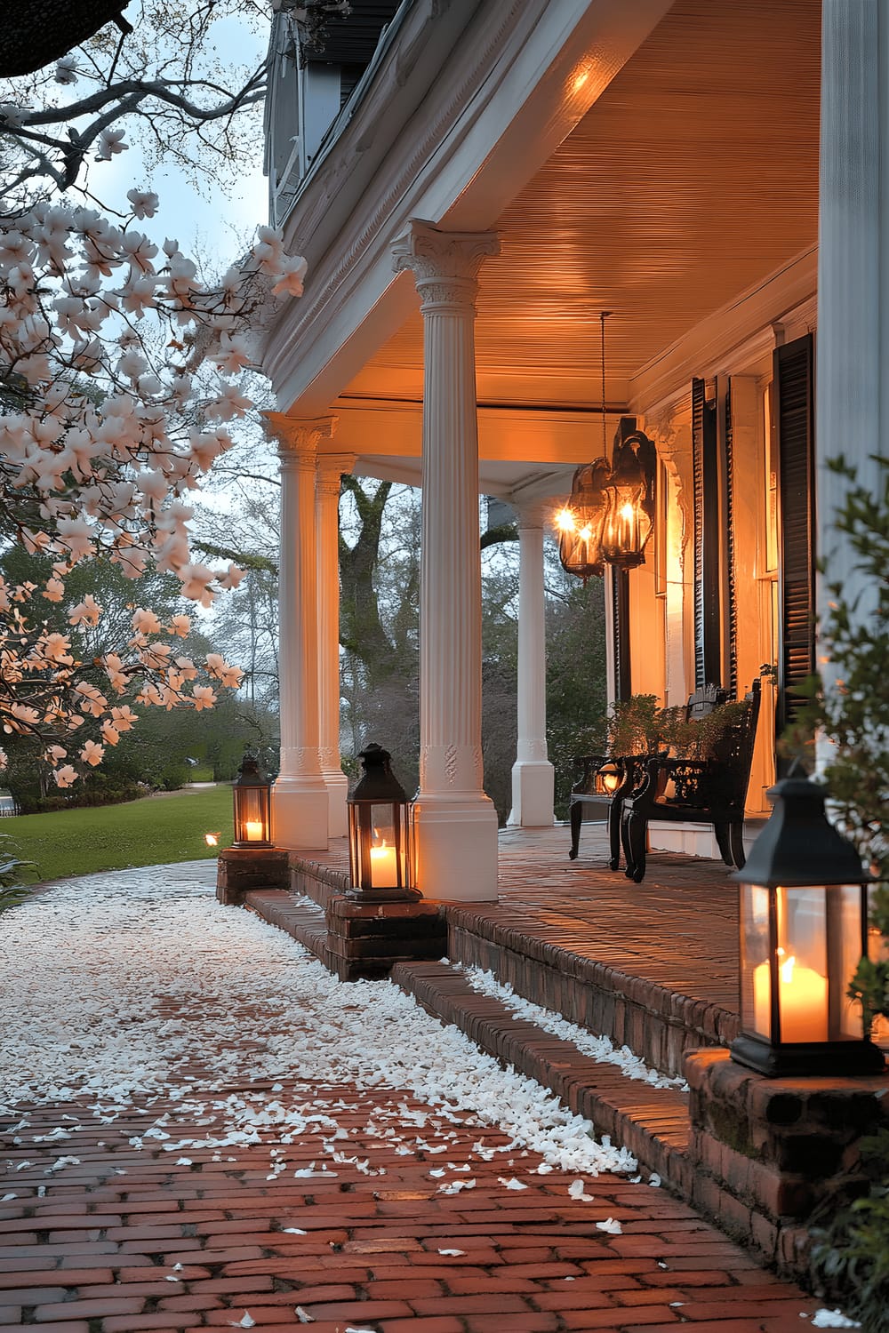 A grand, stately southern home featuring a wide, shaded veranda. The generous porch is adorned with comfortable seating and overlooks a landscape graced with a full-bloom magnolia tree. The tree's soft, white petals are scattered over a quaint brick pathway, leading a symphony of serene outdoor living. Antique wrought-iron lanterns hanging by the house entrance glow warmly in the dusk, casting a romantic light over the scene.