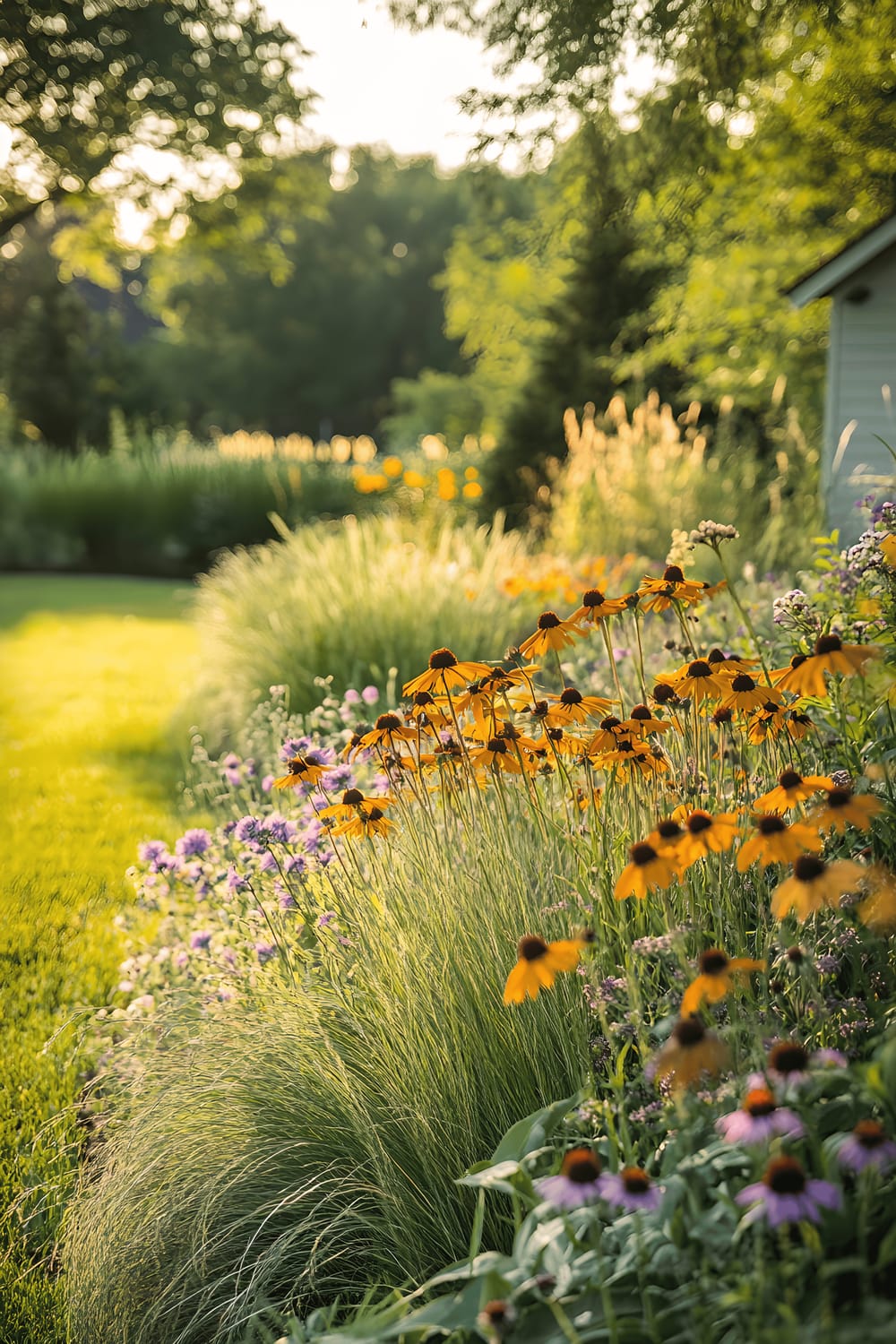 The image is of a beautiful and thriving native grass lawn filled with a mix of low-growing fescues and blue grama grass. The lush lawn is surrounded by a variety of richly coloured flowers, including milkweed, echinacea and goldenrod. The garden attracts several butterflies and bees, signifying its eco-friendly nature. Positioned in bright daylight, the image highlights the natural charm and wholesome energy of the outdoor space.