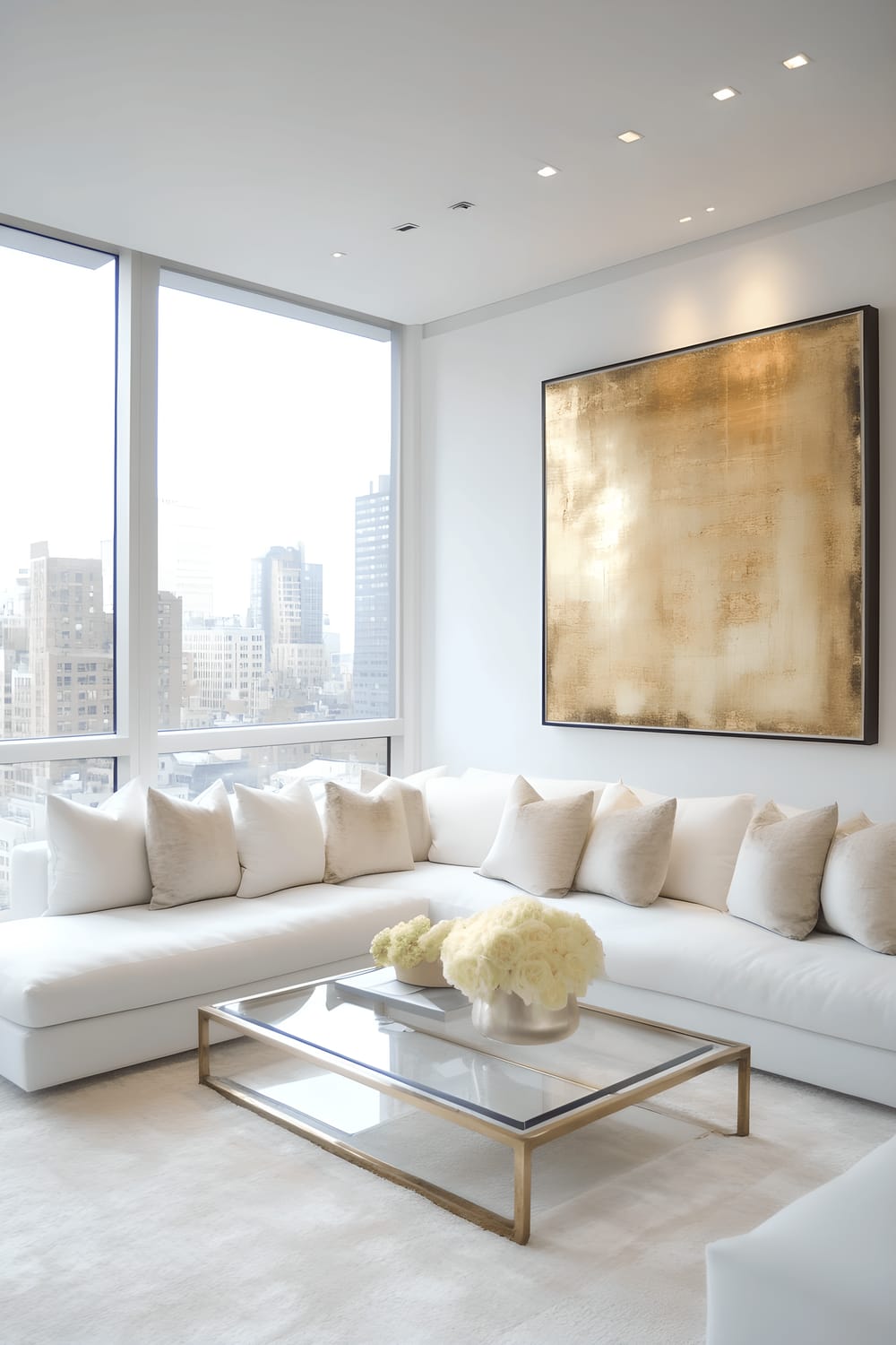 A chic Chelsea apartment featuring a pristine, modern interior with a white sectional sofa and a minimalist glass coffee table with gold trim. The living area is embellished with large abstract artworks on the white walls showcased dramatically by recessed lighting. Through the expansive floor-to-ceiling windows, a beautiful view of the Chelsea skyline can be seen, projecting an image of opulence and style.