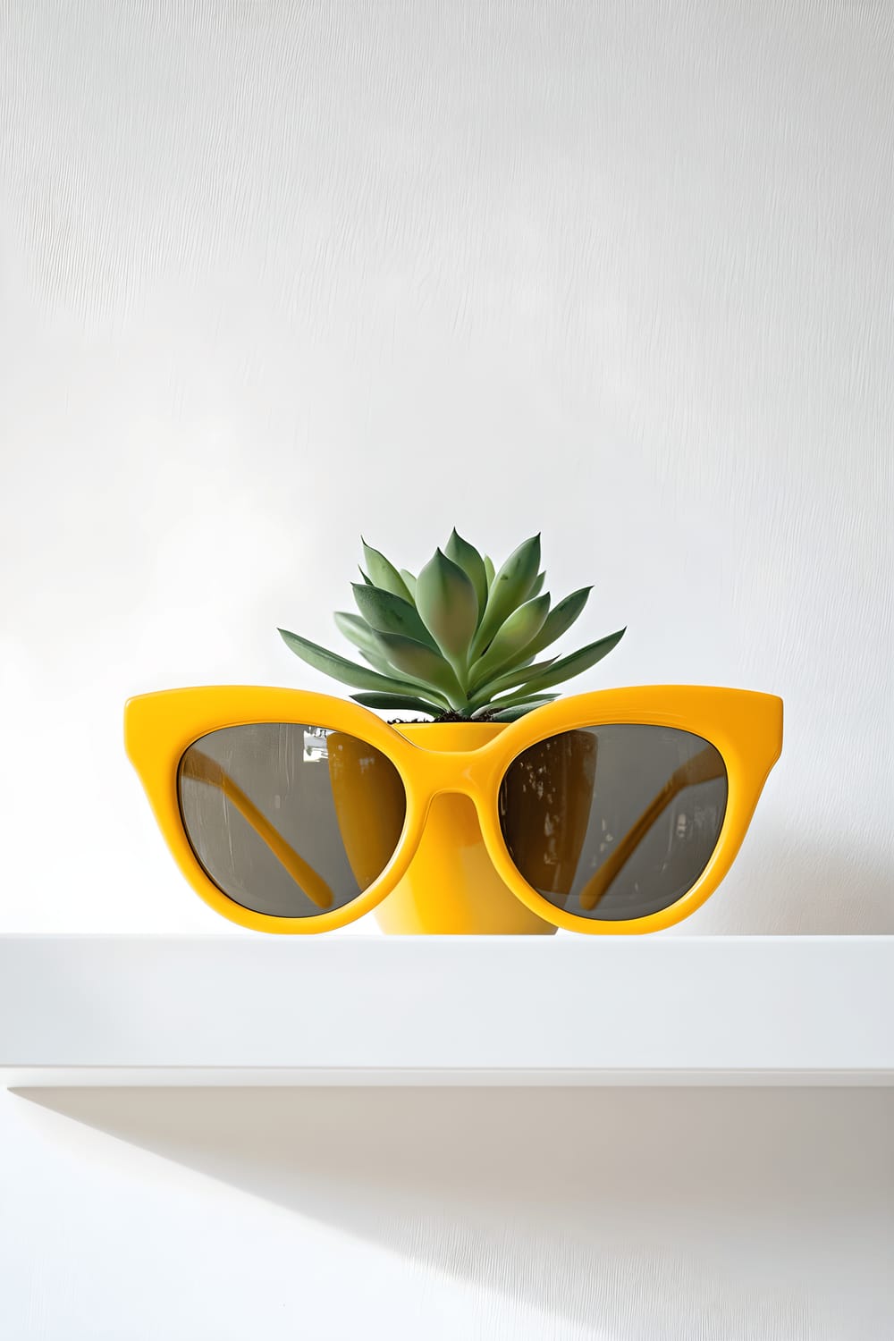 A pair of oversized, bright yellow sunglasses turned into a planter holding a small, green succulent is placed on a clean white shelf. The sunglasses planter, with its glossy lenses and thick frames, is prominently defined against a simple, white wall bathing in soft, natural light from a side window.