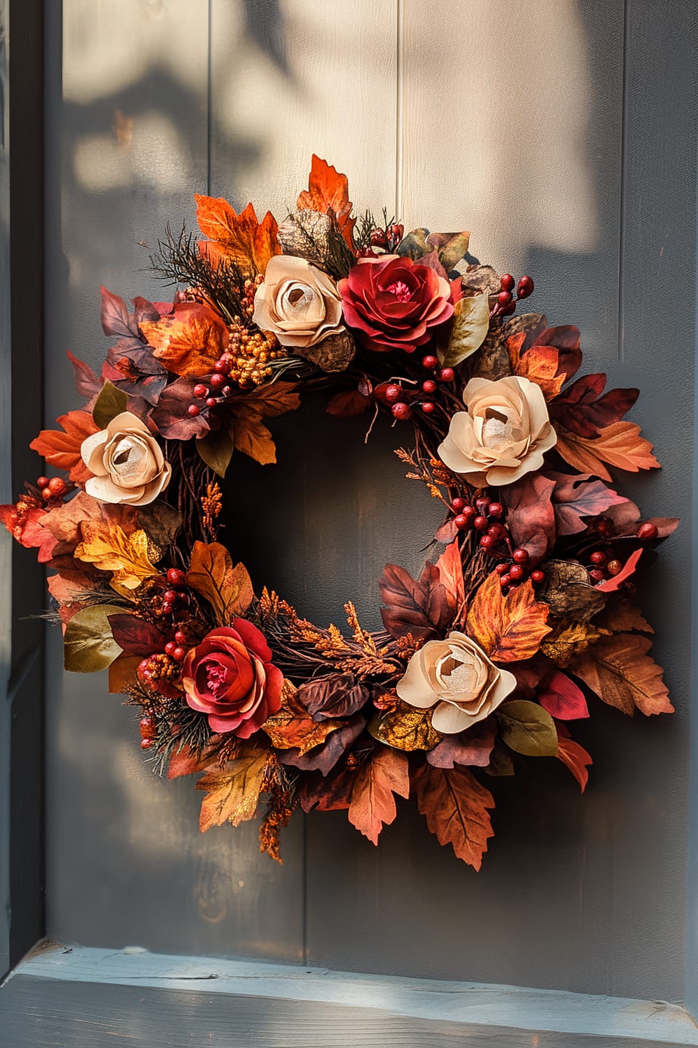 A beautifully crafted autumn wreath hangs against a dark wooden door. This vibrant wreath is adorned with an array of colorful fall foliage, including red, orange, and brown leaves, along with clusters of berries and pine cones. Cream and red fabric roses are artistically interspersed among the leaves, adding a touch of elegance and refinement. The various elements combine to create a rich, warm display that captures the essence of the autumn season.