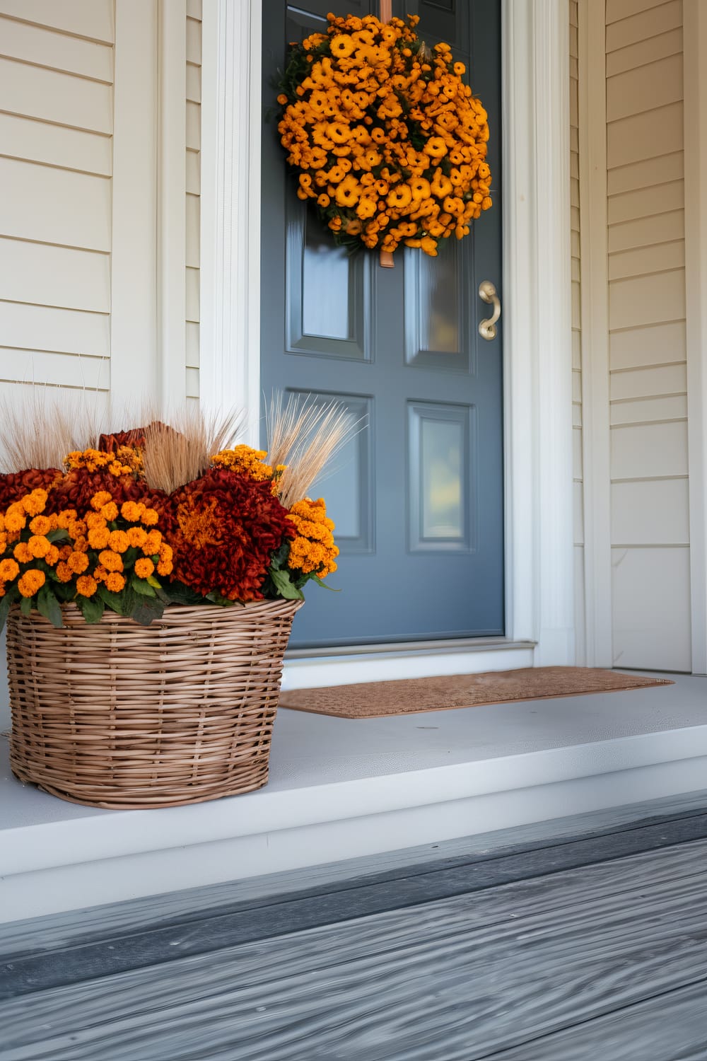 A close-up view of a front porch featuring a blue door adorned with a wreath of vibrant orange flowers. Below and to the side, a wicker basket filled with similarly colored marigolds and dried wheat sits on the porch steps next to a simple doormat.