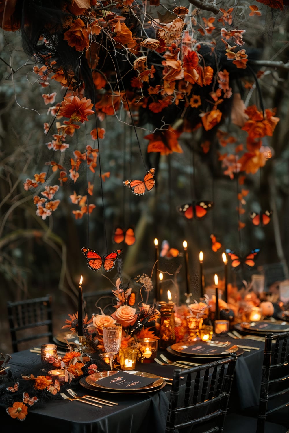 A dark, elegant outdoor table setting decorated in a fall and Halloween theme. The table has a black tablecloth, black candles, and orange flowers. Butterflies are suspended from above, and there are various candles and glassware on the table, creating a warm and mystical ambiance.