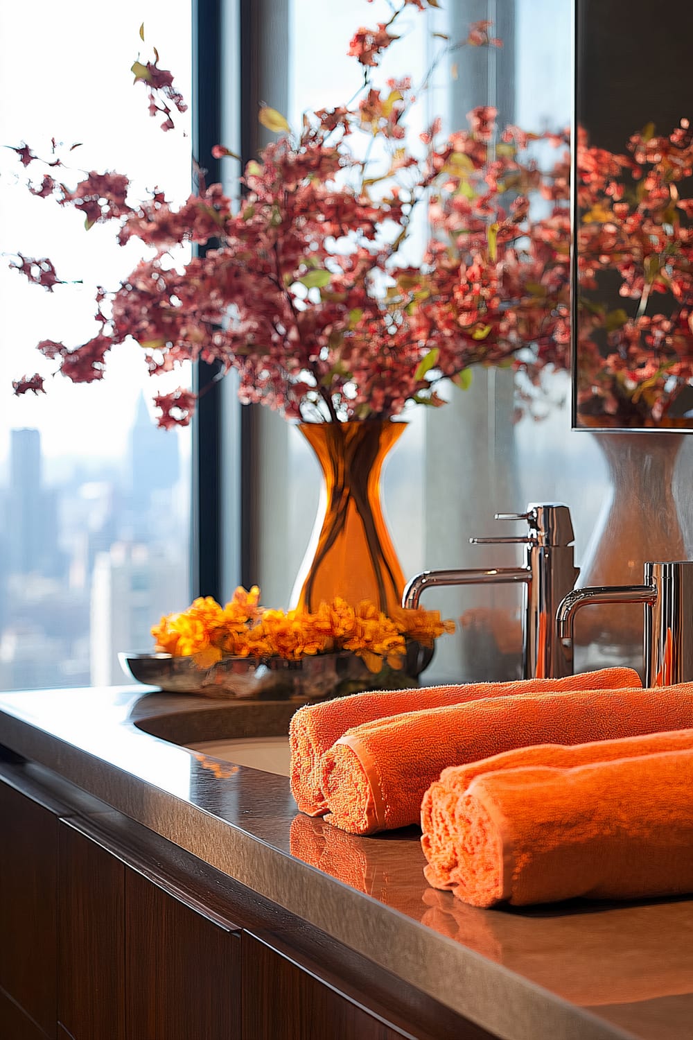 A modern bathroom countertop featuring bright orange rolled towels, a cylindrical orange vase with blooming branches, and a bowl with yellow flowers. The background reveals large windows offering a city skyline view.