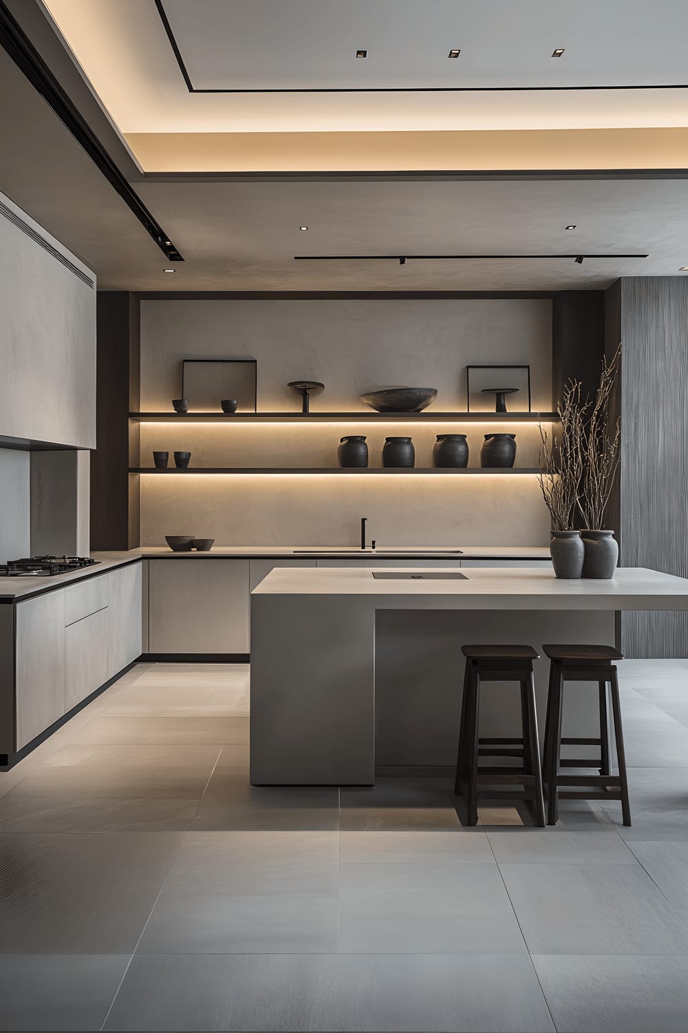 A minimalist kitchen space in Seoul showcasing sleek cabinetry, open shelving with displayed art pieces, and a monochromatic color scheme. Subtle metallic accents complement the space, which is lit by both natural light from a large window and minimalistic pendant lighting. The space balances practical use with high aesthetic appeal.