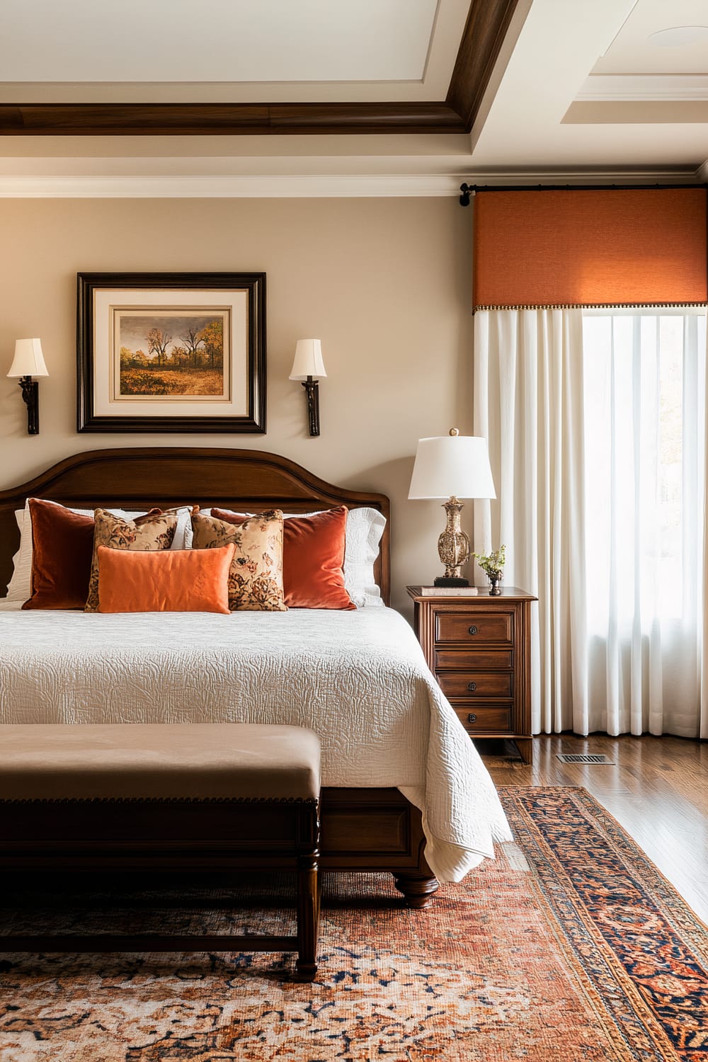 A sophisticated bedroom featuring a large bed with a wooden headboard. The bed is adorned with a white quilted coverlet and decorative pillows in shades of orange, gold, and floral prints. Above the bed, a framed landscape painting is centered between two white wall sconces. The room includes a wooden nightstand with an ornate lamp and green plant, and a large window with white curtains and an orange valance. A bench with a beige cushion sits at the foot of the bed, and an intricate patterned rug covers the hardwood floor.