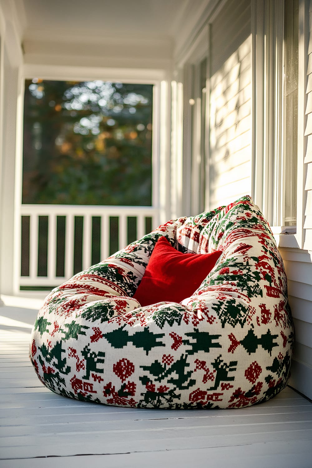 An oversized festive bean bag chair with bold holiday patterns in red and green is placed on a clean white porch. The chair features a prominent red cushion in the center. The scene is brightly lit from the front, casting deep shadows and emphasizing the colors and textures of the chair against the crisp white wood of the porch. In the background, there are green trees visible through the porch railing.