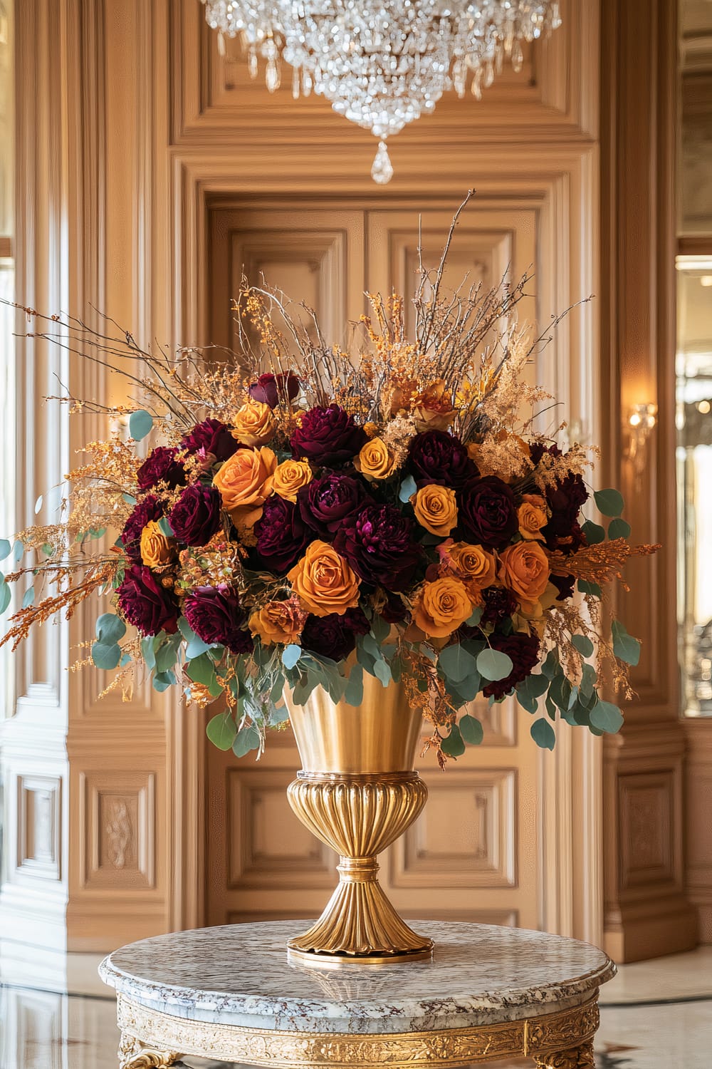 A lavish interior featuring a large floral arrangement in a golden urn. The arrangement consists of dark red and bright orange roses, interspersed with various greenery and dried branches. It sits atop a round marble table with a gilded base. Above, a sparkling crystal chandelier hangs from the ceiling, casting a luxurious light over the scene. Paneled wooden walls add a touch of classical elegance to the space.