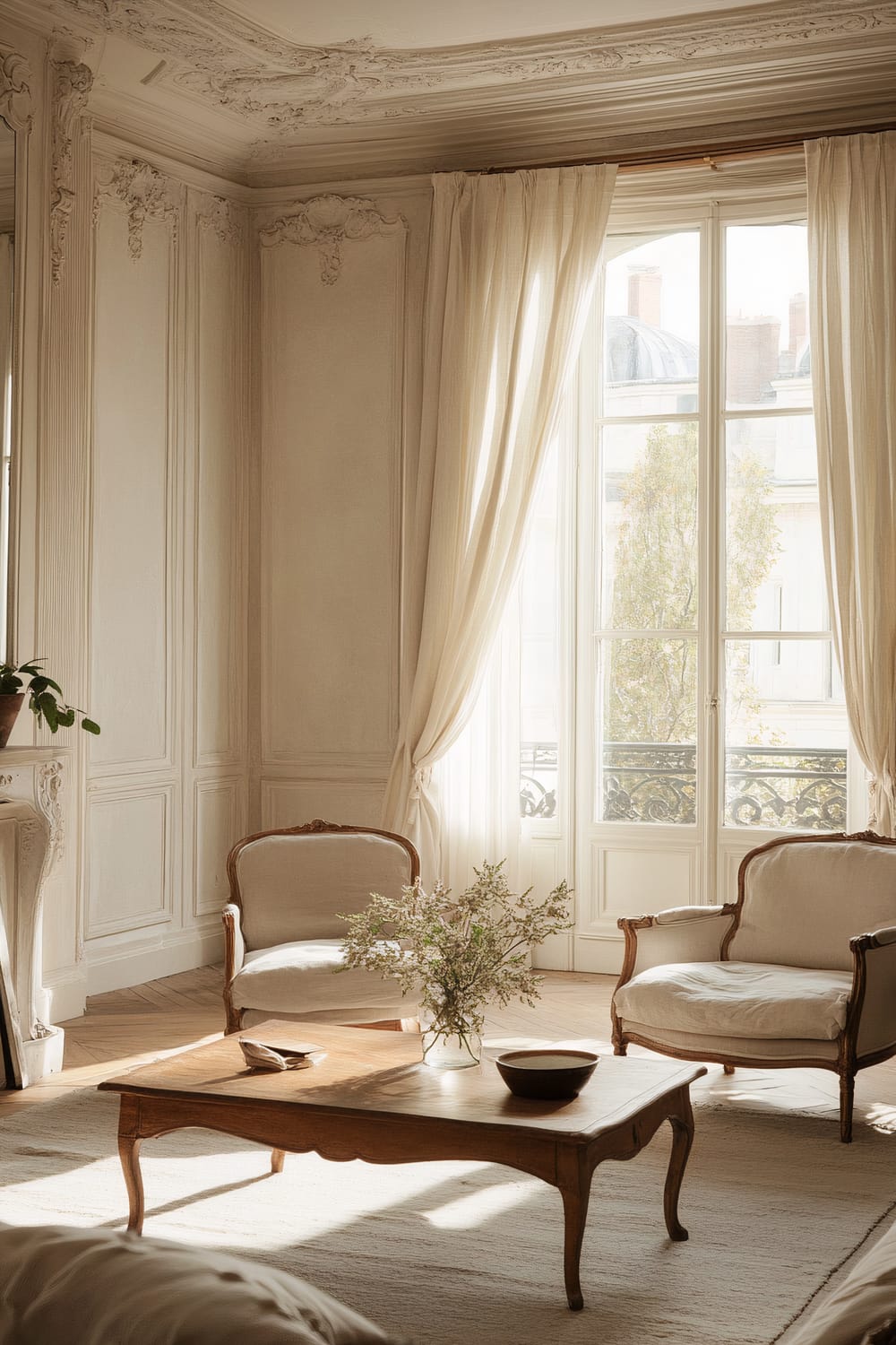 A bright and elegant living room featuring floor-to-ceiling windows adorned with sheer white curtains, allowing ample natural light to illuminate the space. The room has intricately decorated, cream-colored walls and ceilings with detailed moldings. Two vintage-style armchairs with wooden frames and white upholstery are positioned around a wooden coffee table topped with a vase of delicate flowers and a few decorative items. A potted plant on a decorative pedestal and a soft, light-colored area rug contribute to the serene ambiance.