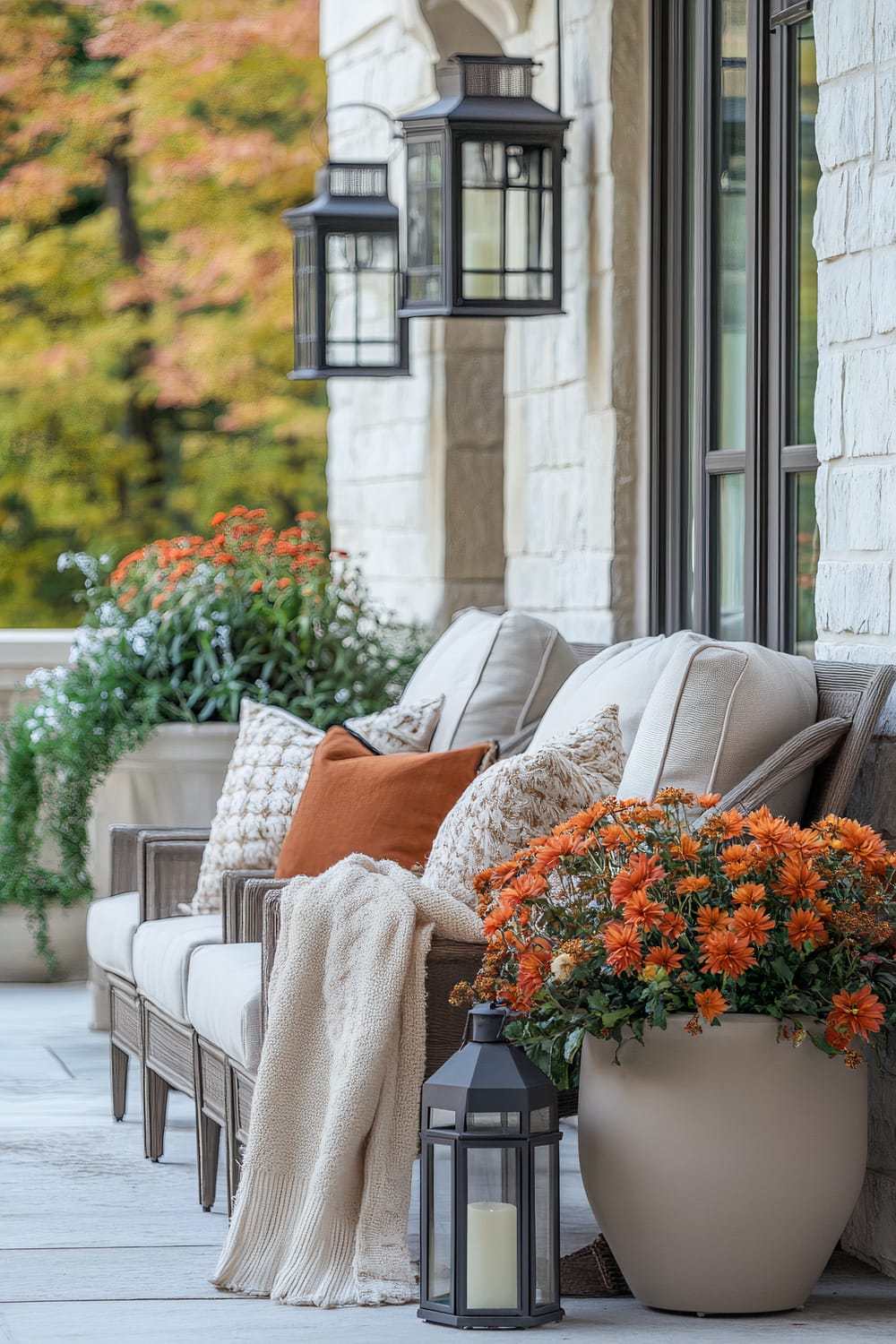 An inviting outdoor patio with wicker seating adorned with cream and rust-colored pillows. A beige throw blanket is draped over the armrest. To the right, a large ceramic planter overflows with vibrant orange flowers. Two black metal lanterns hold candles, one placed on the floor and two mounted on the stone wall behind the bench.