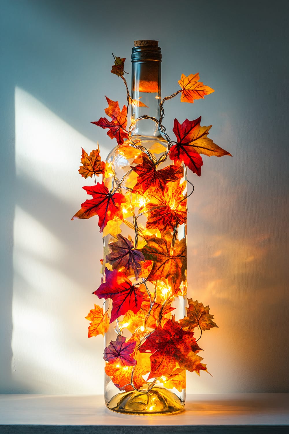 A tall wine bottle wrapped with a garland of colorful fall leaves and small fairy lights, set against a plain white table with dramatic side lighting.