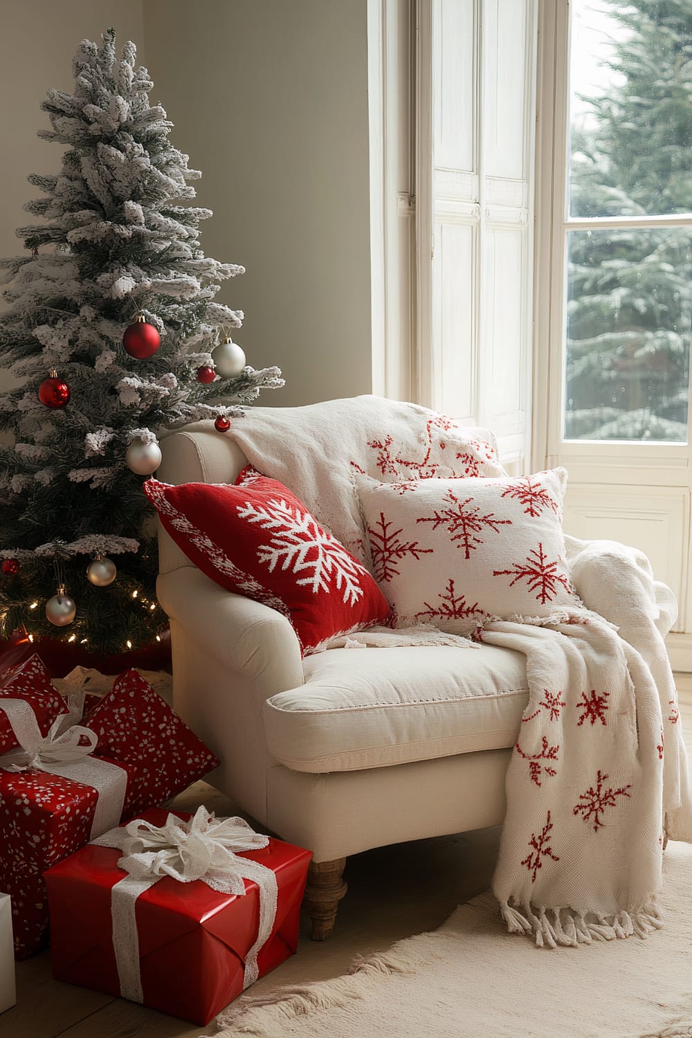 An inviting reading nook with a cream-colored armchair adorned with red and white holiday-themed pillows and a matching blanket with snowflake patterns. A small flocked Christmas tree with red and white ornaments stands next to the chair, partially illuminated by fairy lights. Several wrapped presents, predominantly in red with white bows, are placed under the tree. The scene is set next to a window overlooking a snowy landscape, enhancing the cozy winter ambiance.