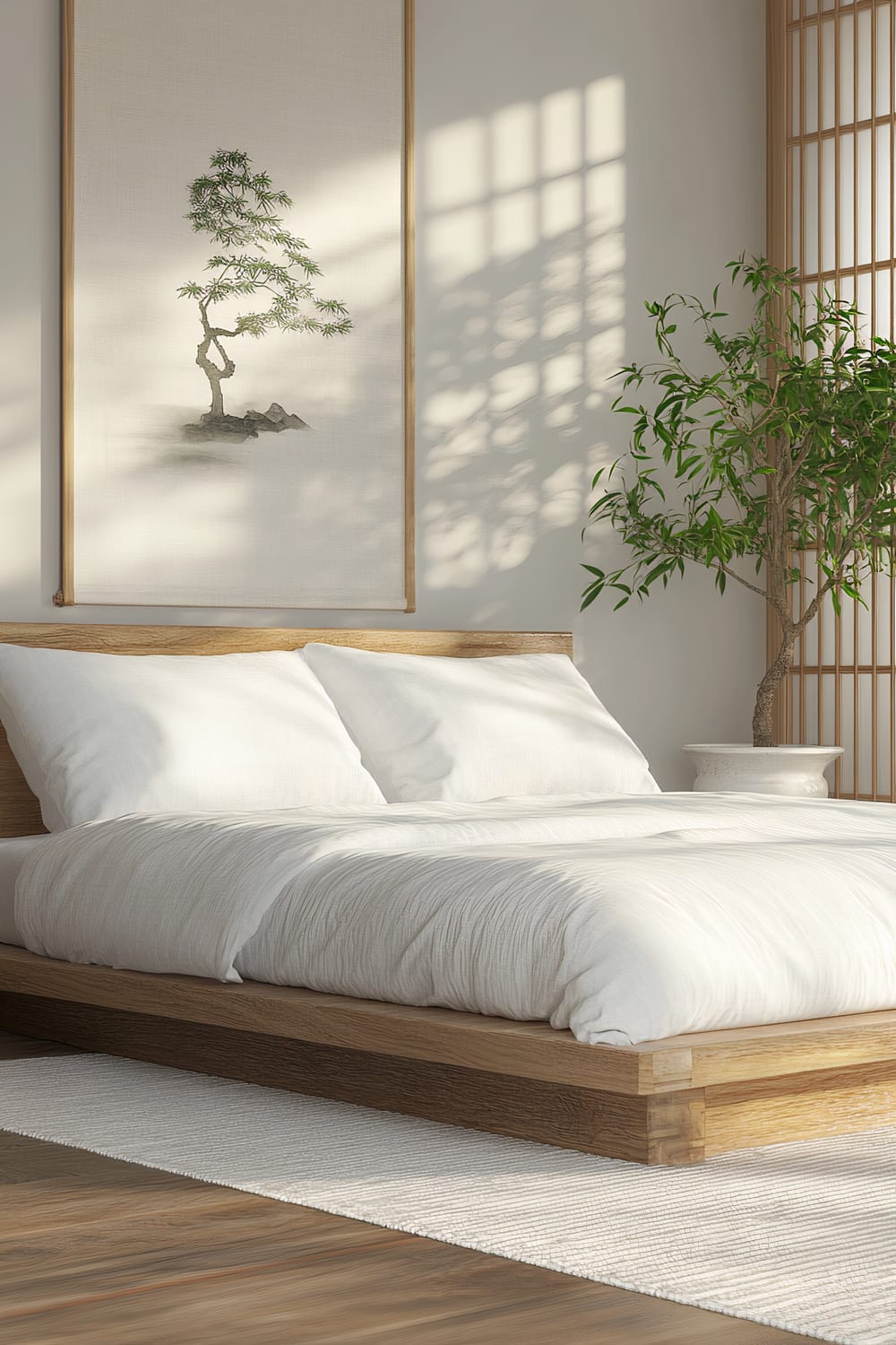 A minimalist bedroom featuring a low wooden bed with white bedding. Two bamboo plants in white pots sit on minimalist nightstands on either side of the bed. A large artwork of a bonsai tree hangs on the light grey wall above the bed. Soft natural light filters through paper shoji screens, creating a serene and balanced environment.