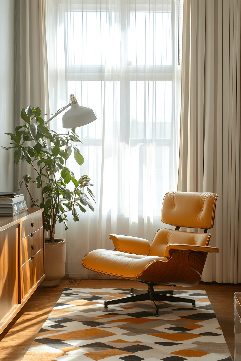 A stylish mid-century modern reading nook featuring a mustard yellow Eames lounge chair situated next to a teak sideboard. A sleek silver floor lamp stands next to the chair providing focused lighting. On the floor is a geometric-patterned rug in muted shades. In the background, a large window with sheer curtains allows daylight to flood the space.