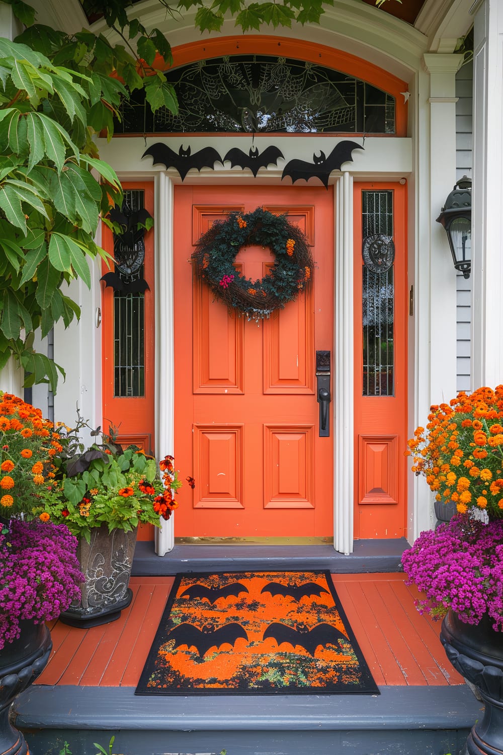 An orange front door decorated for Halloween with a black wreath adorned with orange berries and vibrant flowers. Above the door, black bat decorations add to the spooky theme. Flanking the door are potted plants brimming with colorful flowers, including orange marigolds and purple chrysanthemums. The welcome mat features a Halloween bat design matching the decorations above.