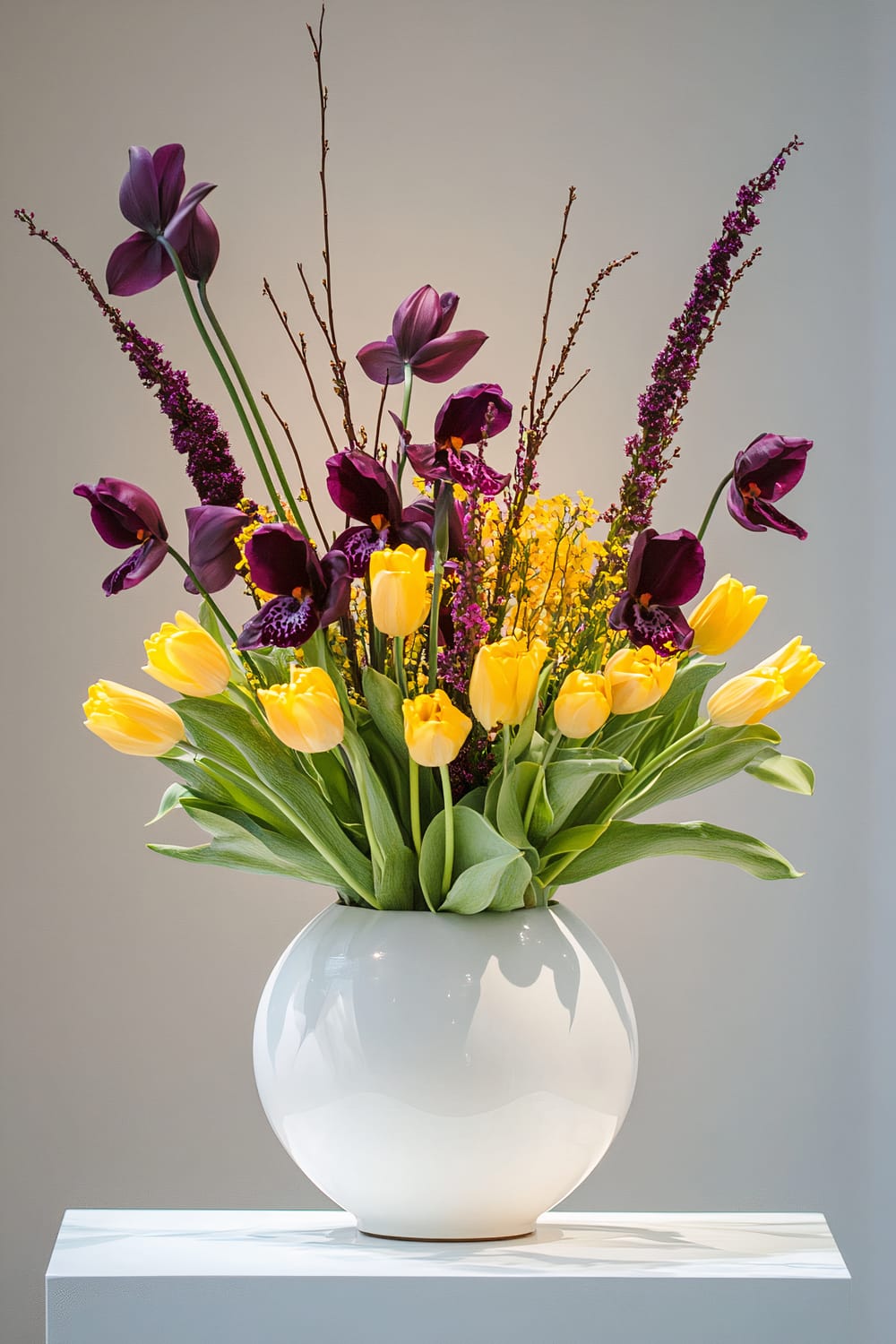 A vibrant flower arrangement in a round, white vase. The bouquet features bright yellow tulips, deep purple flowers, long thin branches, and smaller purple flower spikes. The arrangement is set against a plain, light-colored background, placed on a white pedestal.