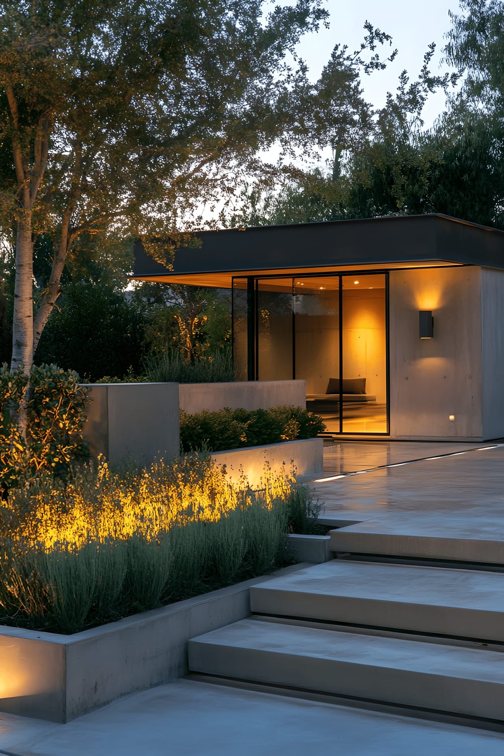 A modern style shed with smooth concrete walls and glass accents, situated in a minimalist garden. Geometric planters hold carefully pruned, low-lying shrubs. The scene is illuminated by soft, ambient twilight lighting, casting crisp shadows and highlighting the clean, symmetrical composition.