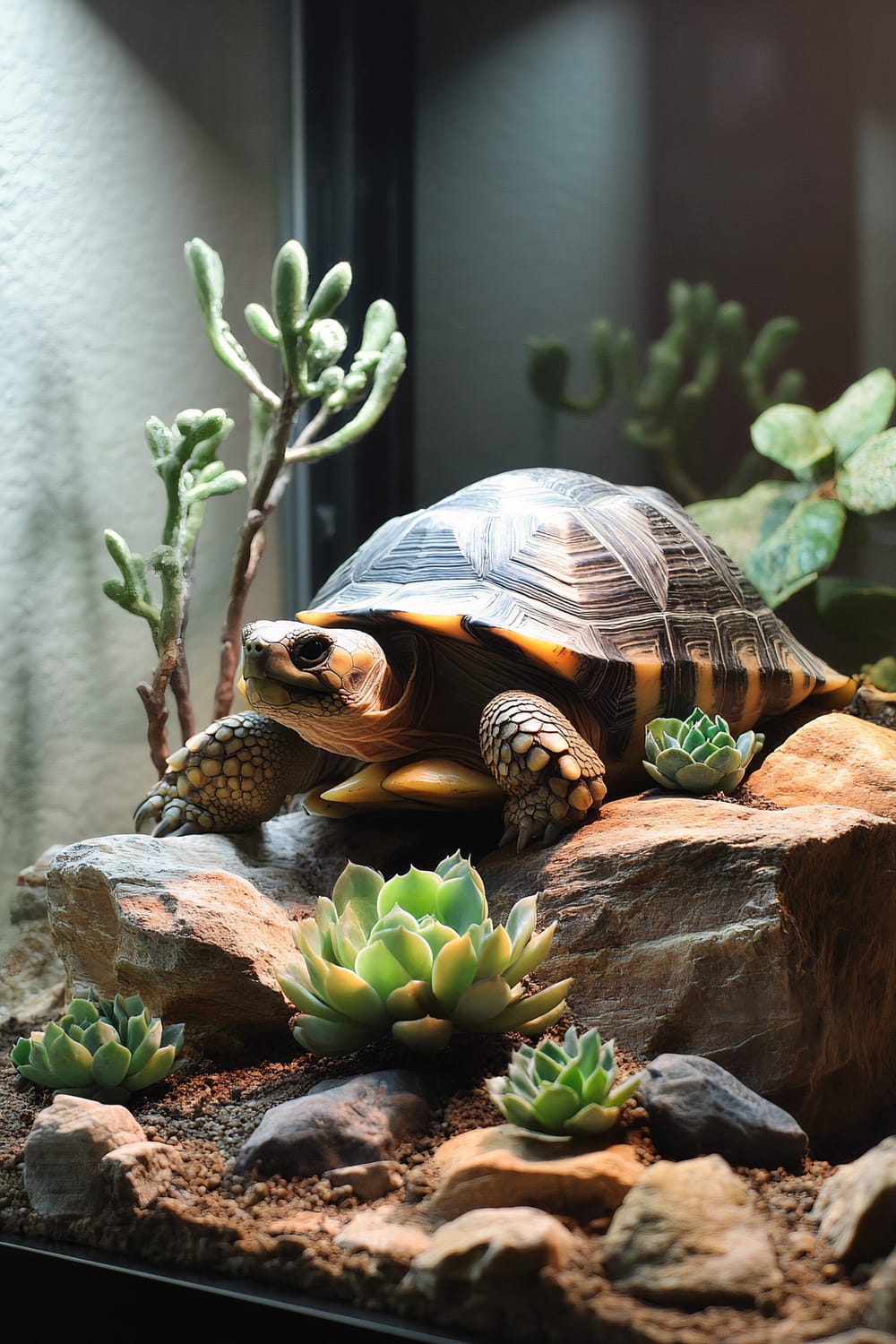 A desert-themed terrarium featuring a turtle resting on a large rock surrounded by several types of succulents and cacti. The terrarium includes a few additional smaller rocks and has a sandy soil substrate. The background is designed to reflect a desert habitat, and the lighting creates a naturalistic effect.