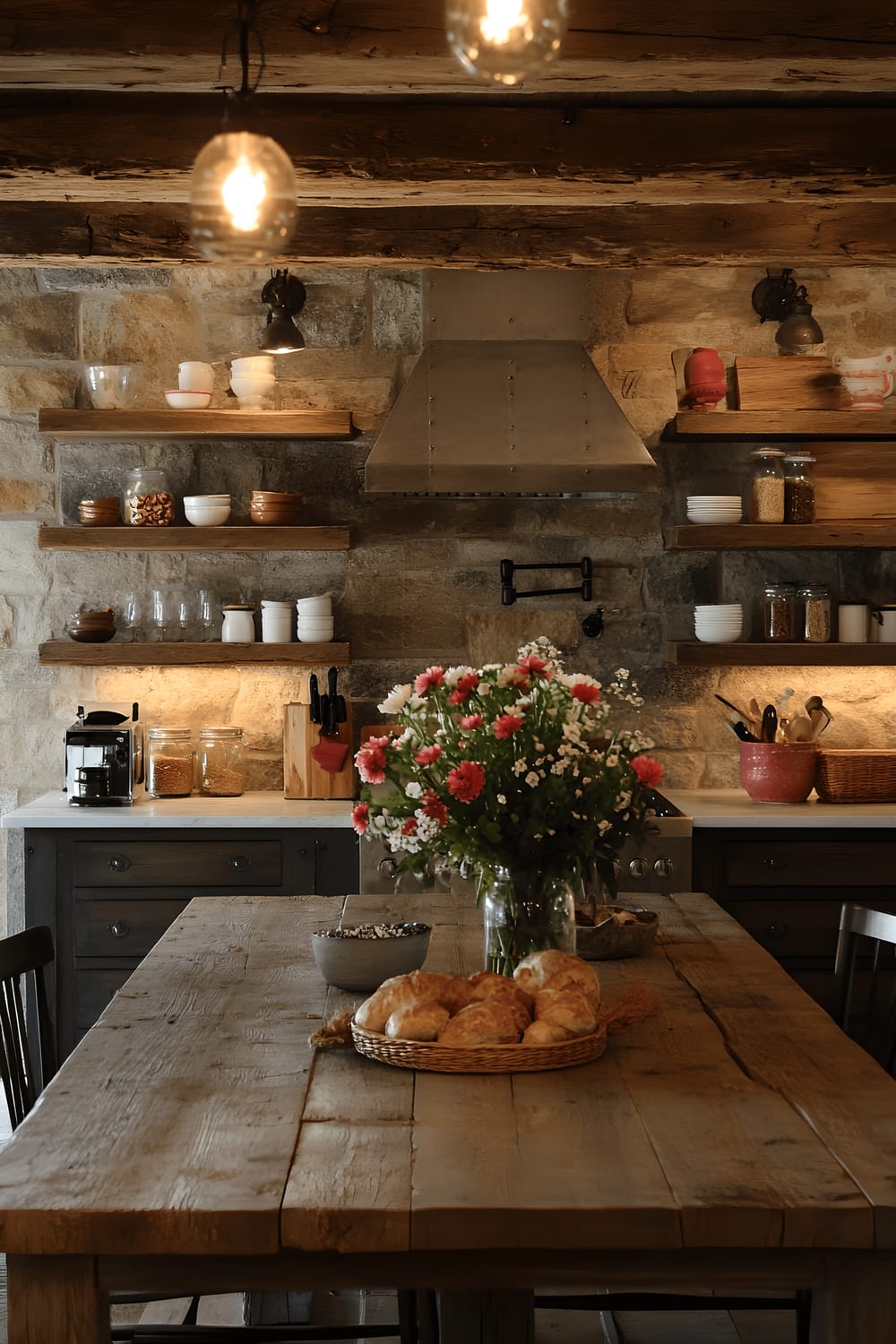 A rustic-inspired kitchen with reclaimed wood cabinetry and stone countertops. A large wooden farmhouse table is adorned with handmade pottery, fresh flowers and a bread basket. The room features wooden beams, a stone accent wall, and wrought iron pendant lights. Open shelves are filled with handcrafted kitchenware and organic ingredients. The room also contains a vintage-inspired range hood and copper cookware.