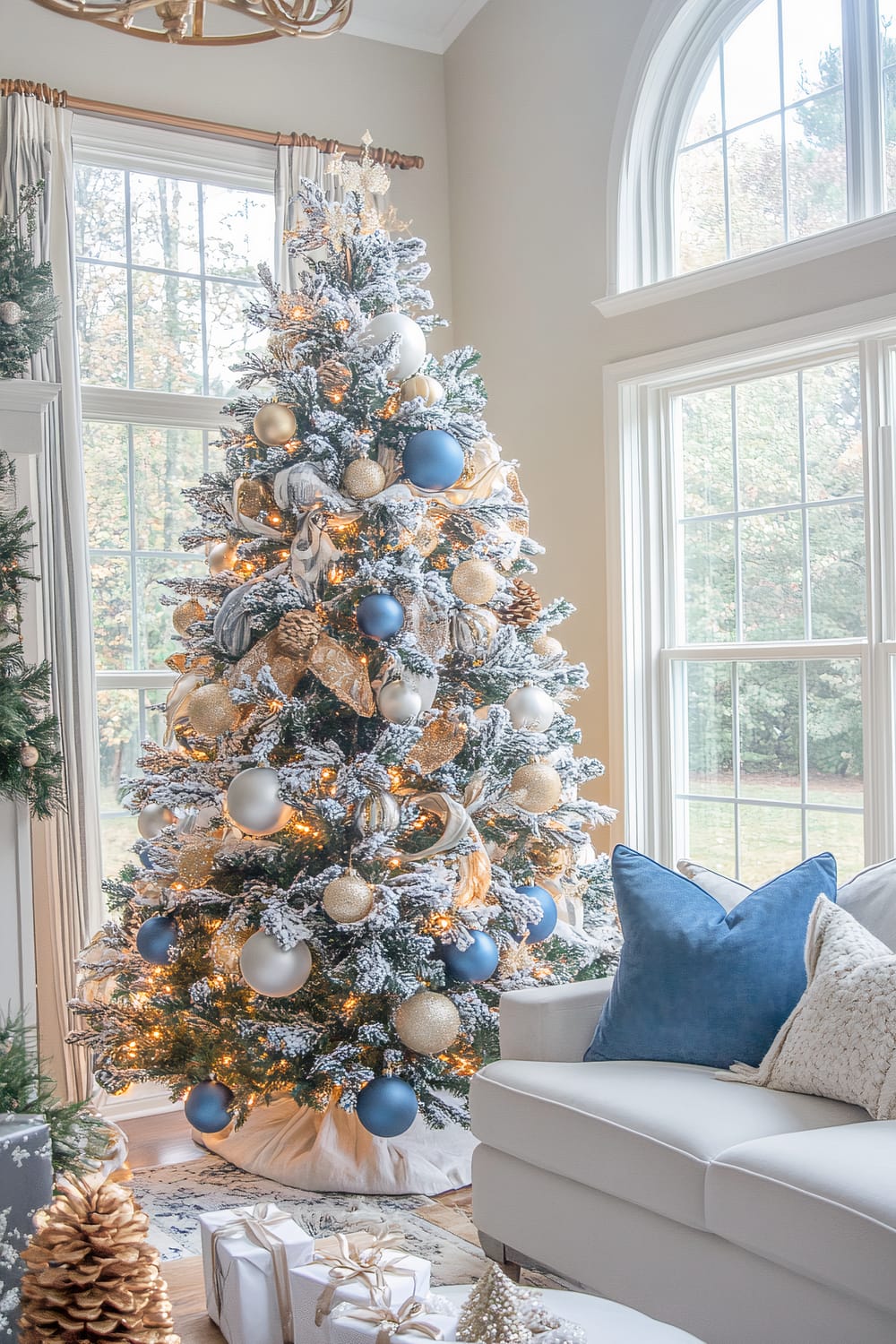 An elegantly decorated living room featuring a Christmas tree adorned with blue, gold, and white ornaments. The tree is positioned in front of a large window with white framed panes, allowing natural light to stream in. Frosted branches and warm twinkling lights add a festive glow to the tree. To the side, a white sofa with blue and white throw pillows is positioned, facing a coffee table with neatly wrapped gifts and a golden pine cone ornament. The room exudes holiday warmth and elegance.