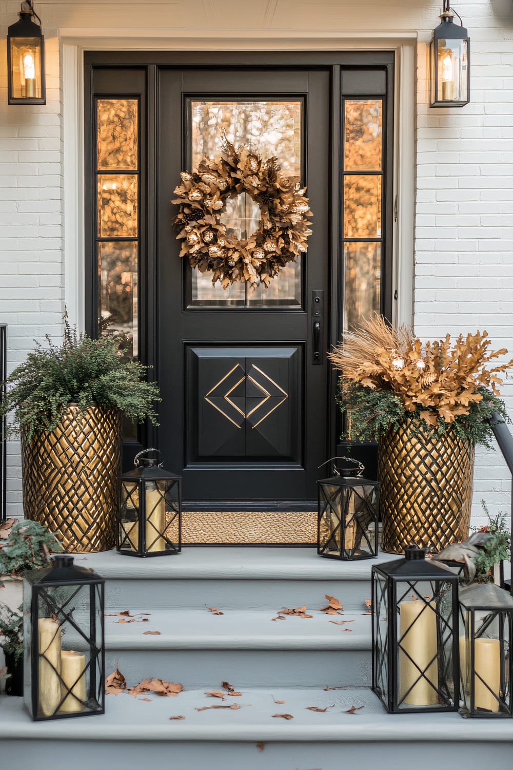 A front porch decorated for autumn, featuring a black door with glass panels and a golden autumn wreath. On either side of the door are tall gold planters with green foliage and dried autumn leaves. Black lanterns with candles are placed on the steps leading to the door.