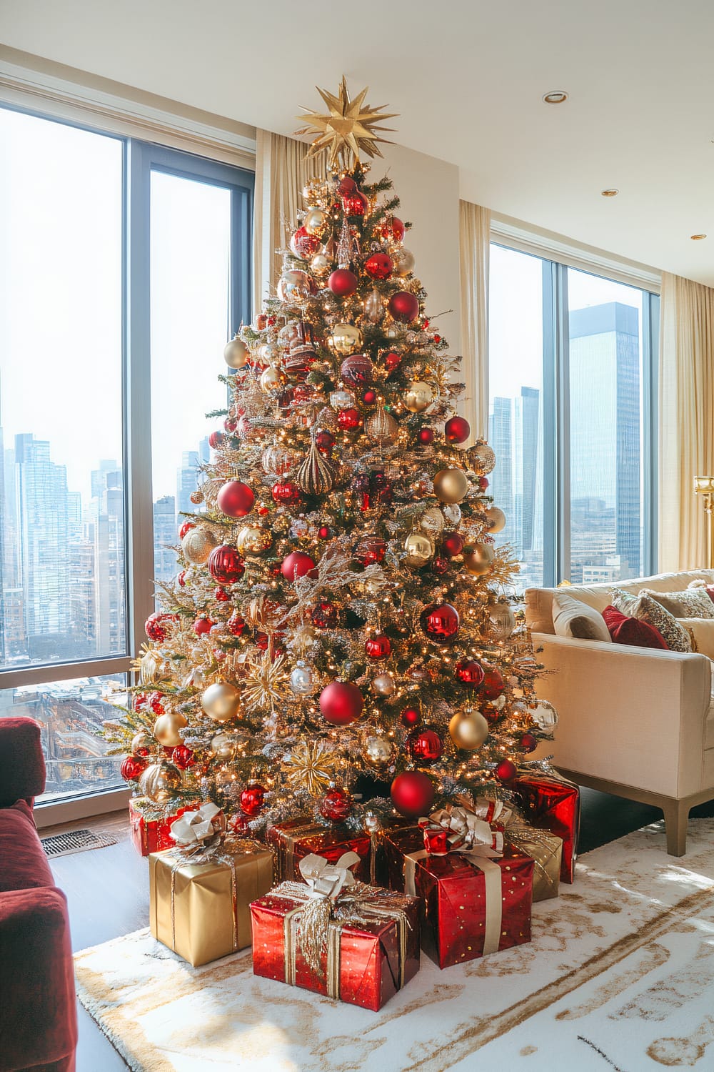 A luxuriously decorated Christmas tree stands in an elegant, modern living room with floor-to-ceiling windows showcasing a skyline view. The tree is adorned with an array of gold, red, and glass ornaments, warm fairy lights, and topped with a large gold star. Several festively wrapped presents are placed underneath the tree, adding to the opulent holiday atmosphere.