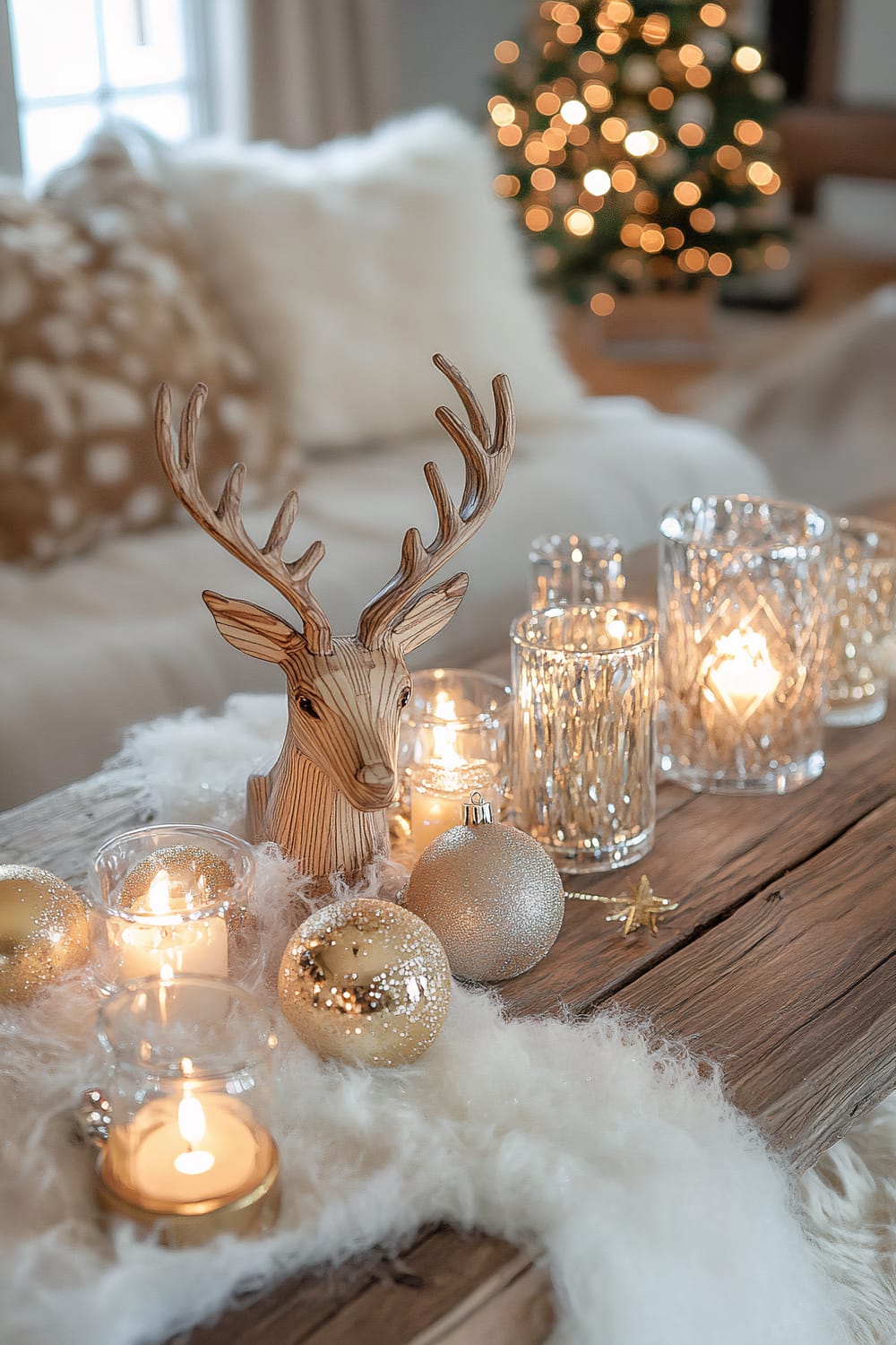 A close-up of a holiday-themed living room scene with a focus on a wooden reindeer figurine on a rustic wooden table. The figurine is surrounded by glittering silver and gold ornaments, and glass candle holders with lit candles. A fluffy white faux fur throw is draped across the table. In the background, soft-focus showcases a shimmering Christmas tree adorned with warm, glowing lights.