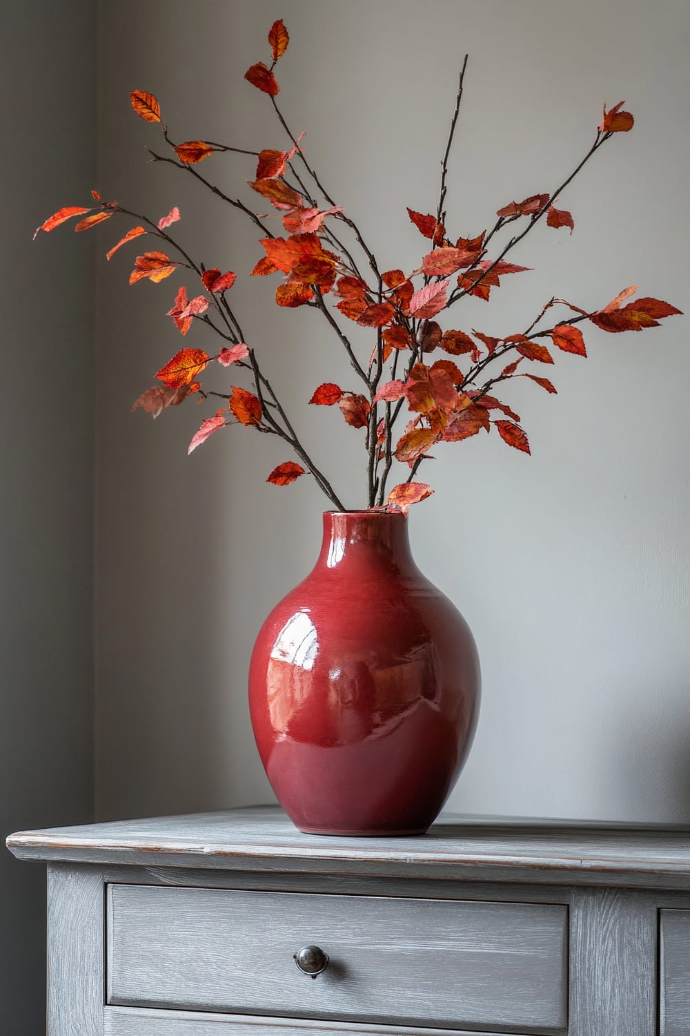 A glossy red vase with branches of red and orange leaves sits atop a gray wooden chest of drawers. The background is a plain light gray wall, creating a minimalist and elegant setup.