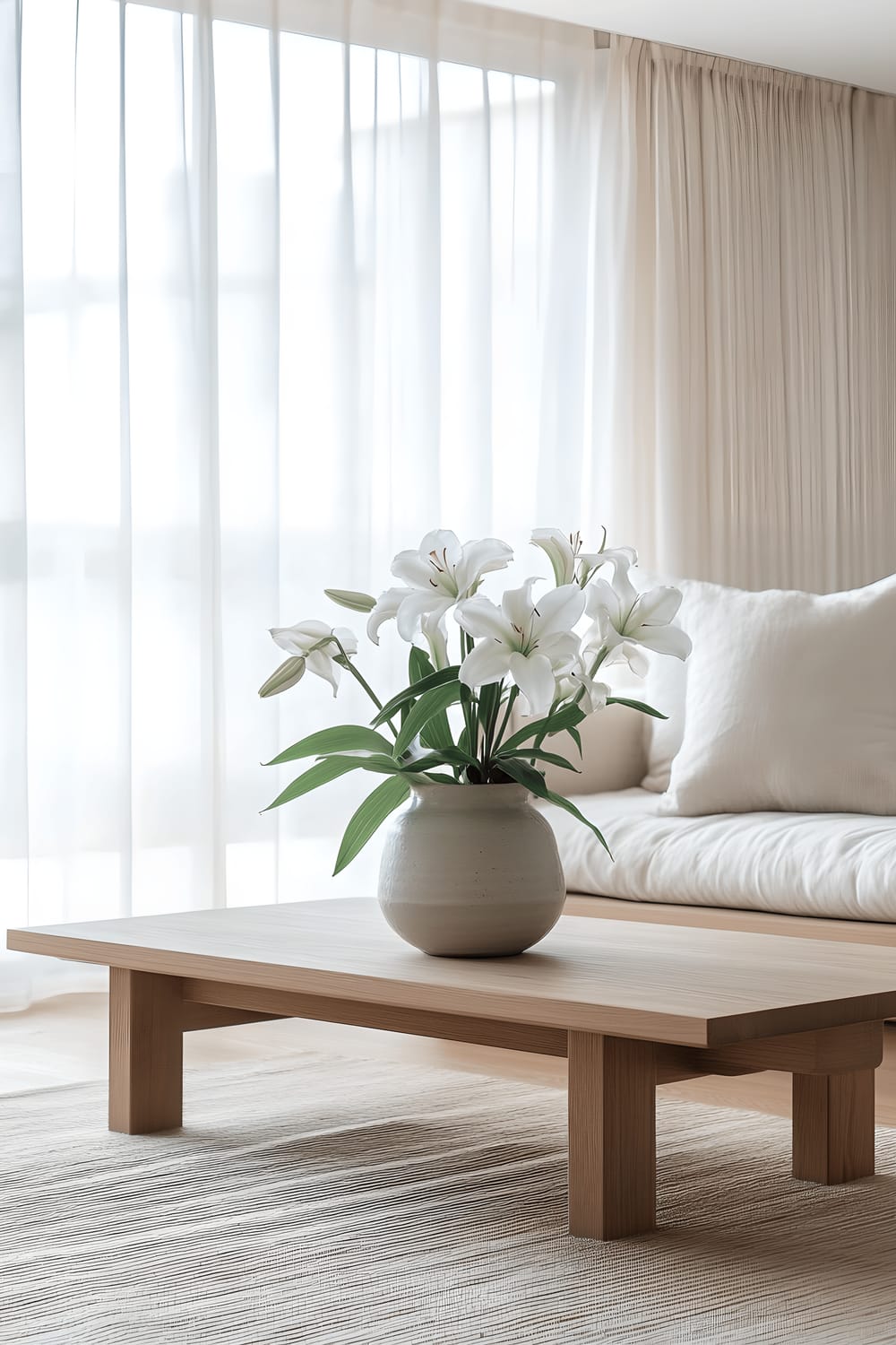 A serene Tokyo living room that blends Japanese and Scandinavian styles, characterized by light oak furniture, soft beige linen cushions, and a low wooden coffee table with a minimalist ceramic vase holding white lilies. Large windows covered by sheer white curtains fill the room with abundant natural light, accentuating the clean lines and harmonious color palette of the space.