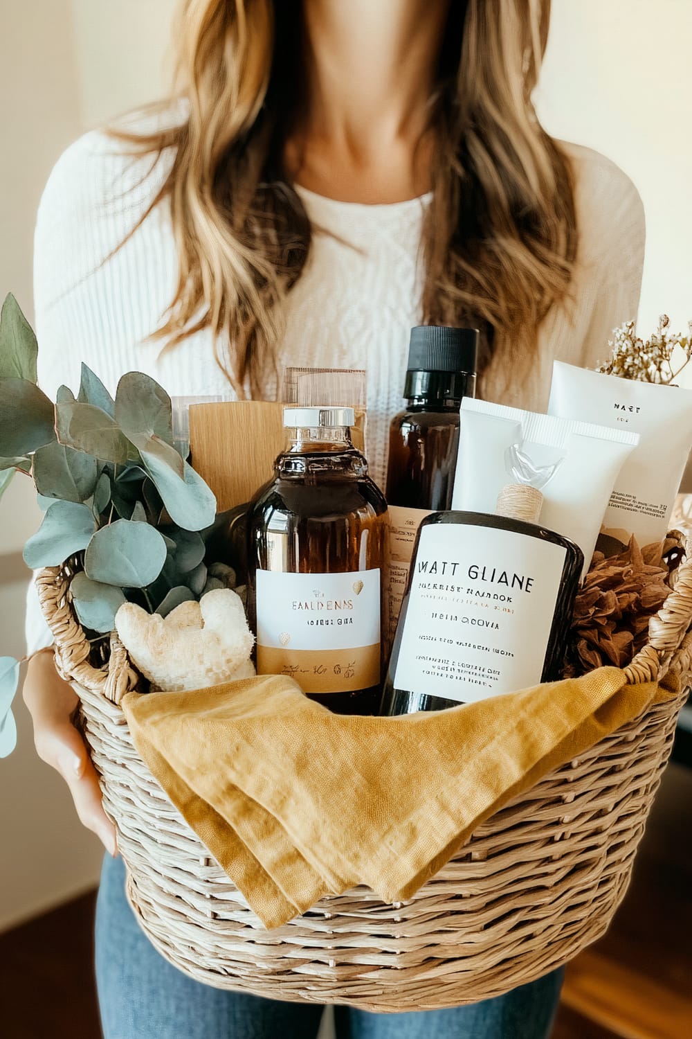 A woman holding a wicker basket filled with various items. In the basket, there are eucalyptus leaves, a natural sponge, glass bottles with dark liquids and labels, a yellow cloth, and tubes of cream. The woman's face is not visible, and she is wearing a white sweater.