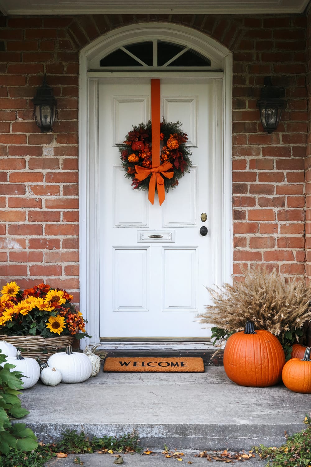 A welcoming front door decorated for the autumn season, featuring a white door with a seasonal wreath adorned with orange and red ornaments and a large orange ribbon. Flanking the door are two black lantern-style wall lights mounted on the rustic red brick walls. The doorstep displays a woven basket filled with vibrant sunflowers and mixed foliage, accompanied by white pumpkins and gourds on the left. On the right, there are large orange pumpkins beside a cluster of dried ornamental grasses. A welcome mat is laid in front of the door.