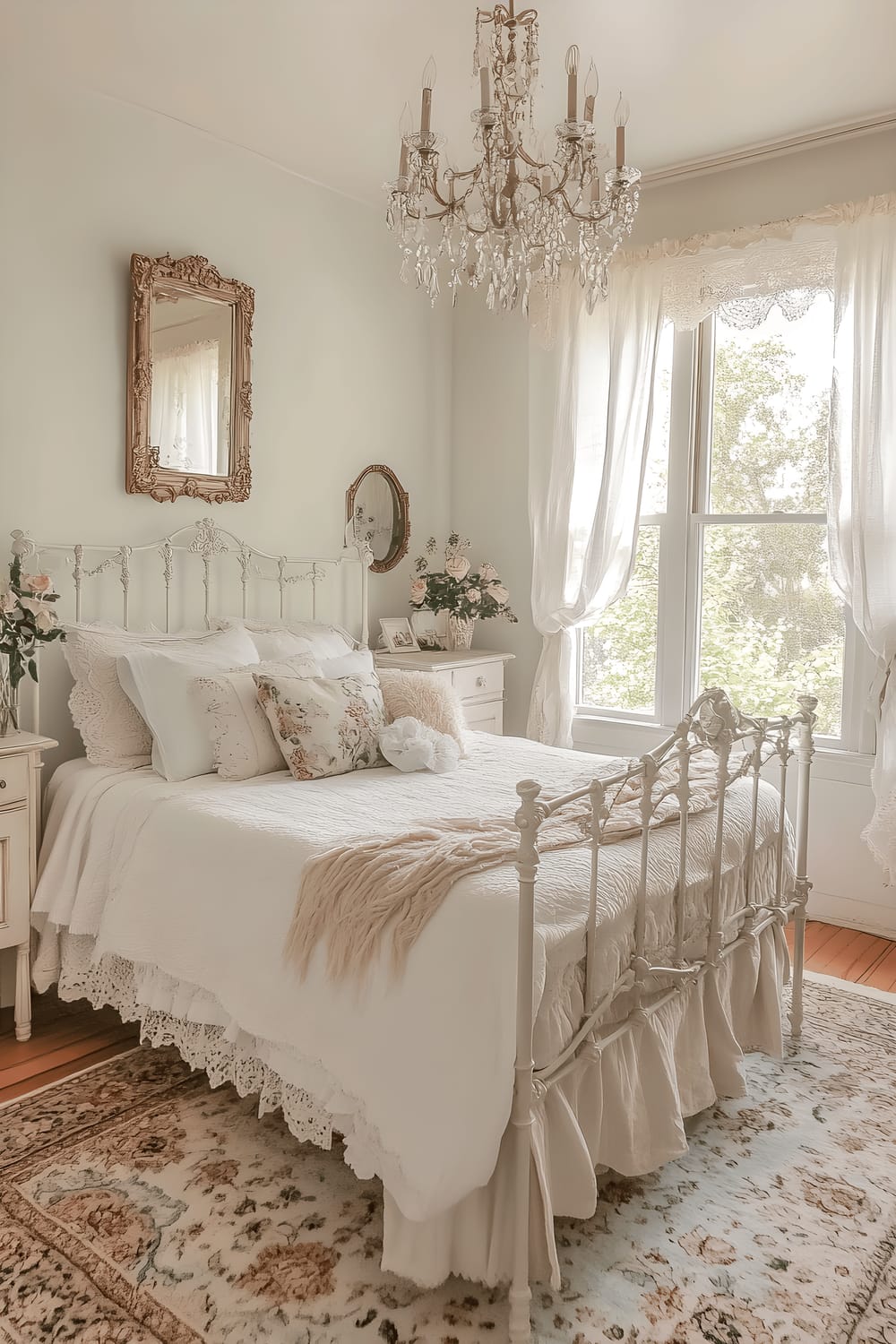 A classical French country bedroom filled with antiquated white wooden furniture. A vintage bed frame made of wrought-iron is dressed with white linen, decorated with several pastel-colored floral throw pillows. Beside this is an antique dressing table with a gold-framed mirror attached. Above the bed dangles a delicate crystal chandelier. On the wooden floor below, a slightly faded, intricately designed Persian rug stretches, adding a cozy touch to the room. Large billowing lace curtains cover the windows, softly diffusing the sunlight streaming into the room.