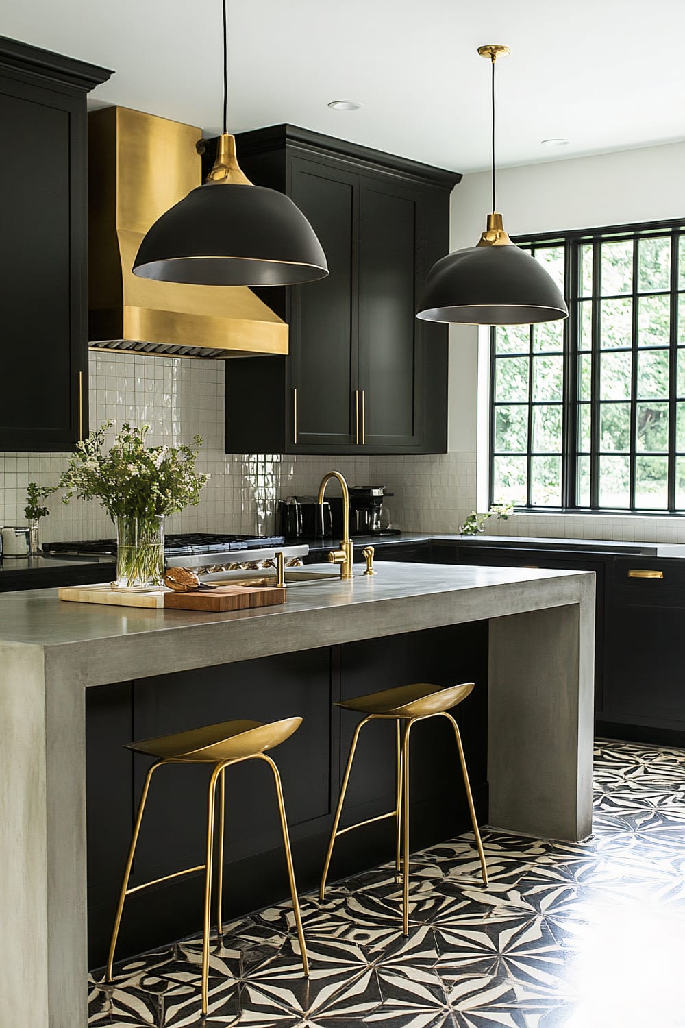 A modern kitchen showcasing black cabinetry with gold handles, an island with a concrete countertop, and two gold stools. Two black pendant lights with gold accents hang above the island. The backsplash is made of white tiles, and a gold range hood is set against one wall over the stove. A large window with black frames allows natural light to flood the space. The floor features an intricate black-and-white geometric pattern.