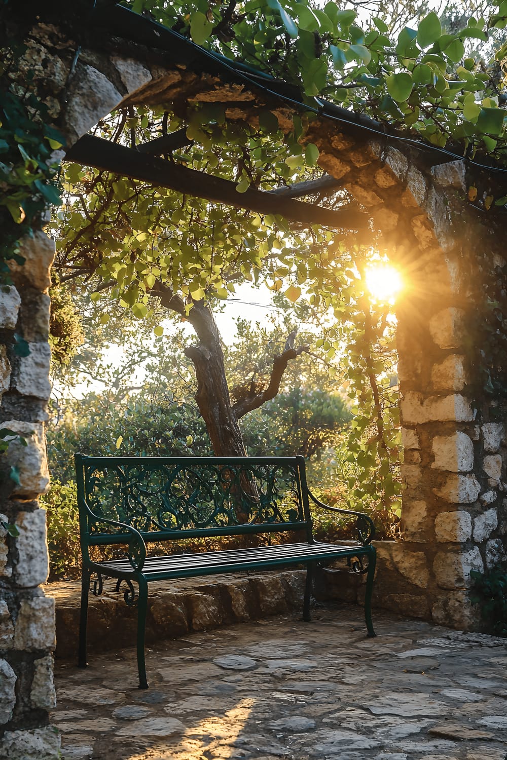 A garden setting with a hunter green wrought iron bench under an arched stone trellis overflowing with lush jasmine. The golden hour light gives a warm, golden tint as it filters down through the leaves.