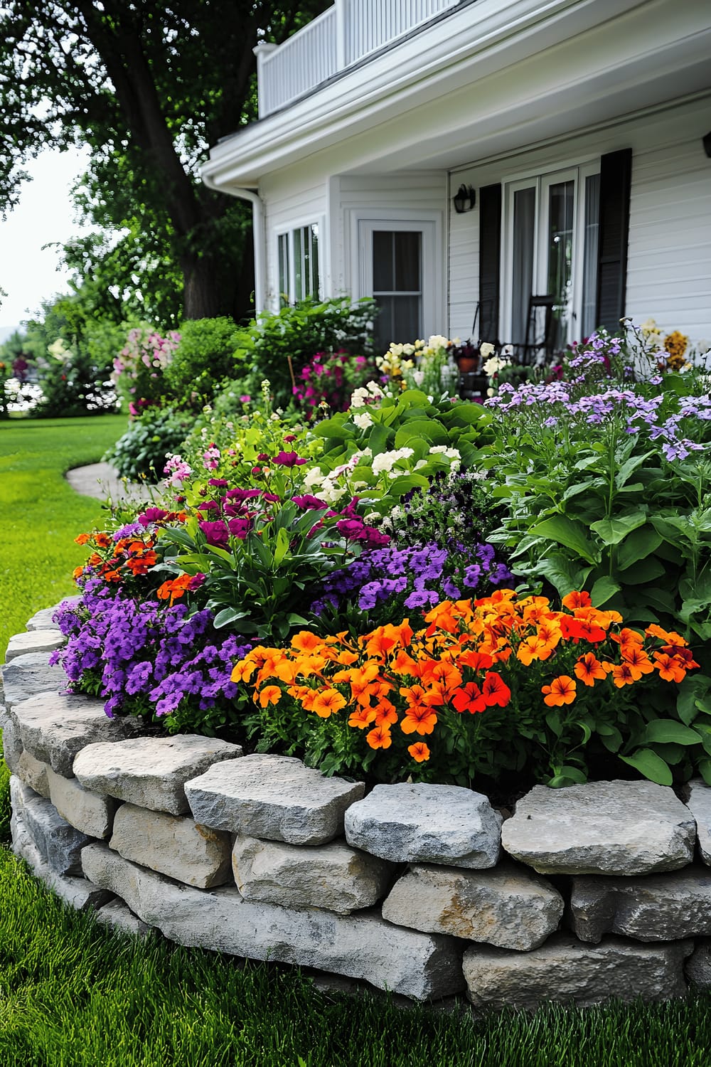 A charming small garden in the front of a house featuring an elevated circular flower bed made of stacked stone bricks filled with bright flowers like petunias and marigolds, and leafy plants. The garden is encircled by a neat green lawn. The background showcases a pleasant house with a white porch and shutters.