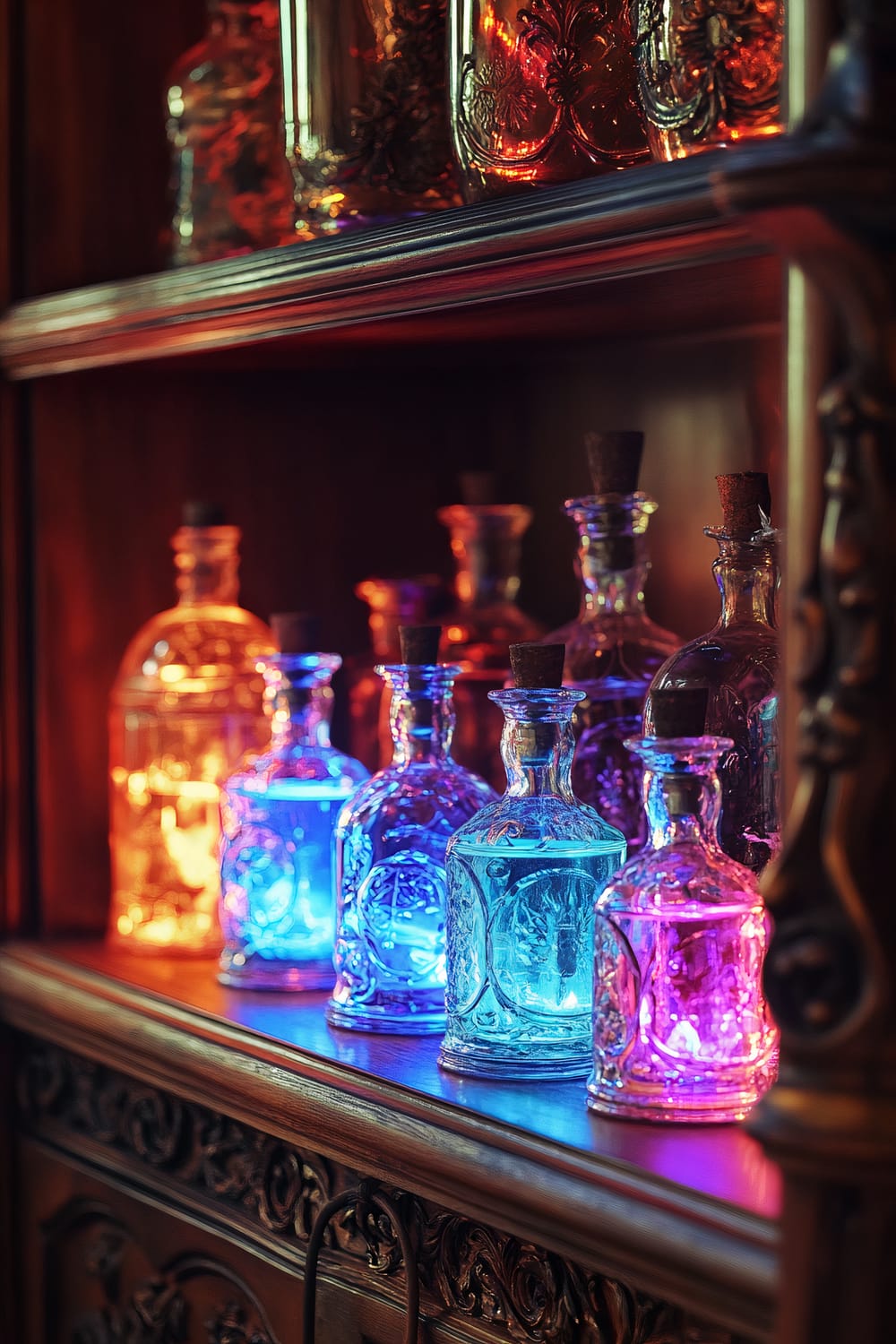 Detailed view of vintage glass potion bottles emitting vibrant, eerie glows in shades of blue, pink, and orange, meticulously arranged on the shelves of an ornate Victorian wooden cabinet with a rich mahogany backdrop.