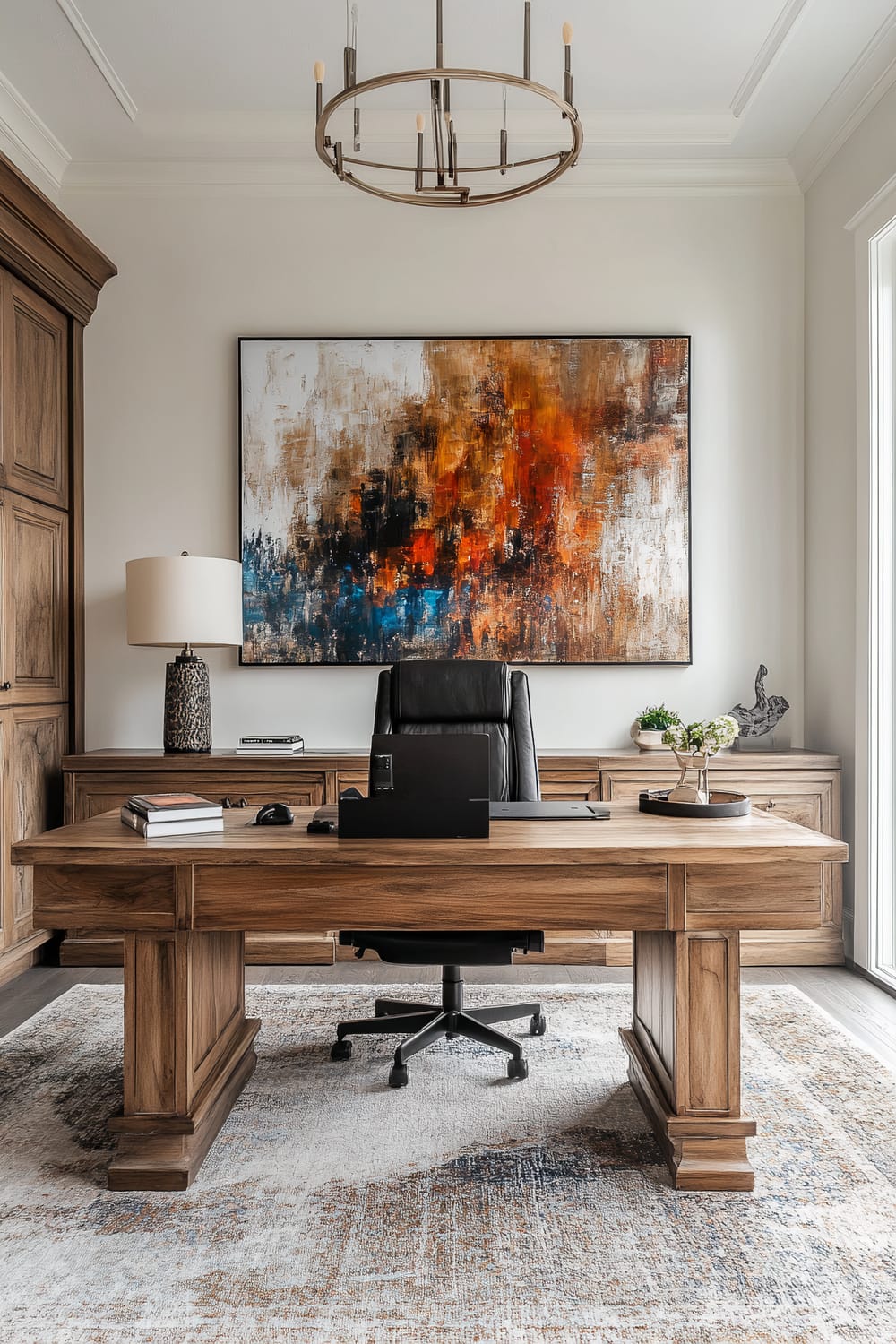 A modern home office features a large wooden desk with a black office chair behind it. The desk is adorned with a few books, a laptop, and some decorative items including a small plant. Behind the desk is a wall-mounted abstract painting in vibrant colors of blue, red, orange, and brown. On the left side of the room is a lamp with a textured base on a wooden cabinet, and on the right side, more cabinets can be seen with another decorative object and a small potted plant. Above the desk hangs a minimalist, metallic circular chandelier.