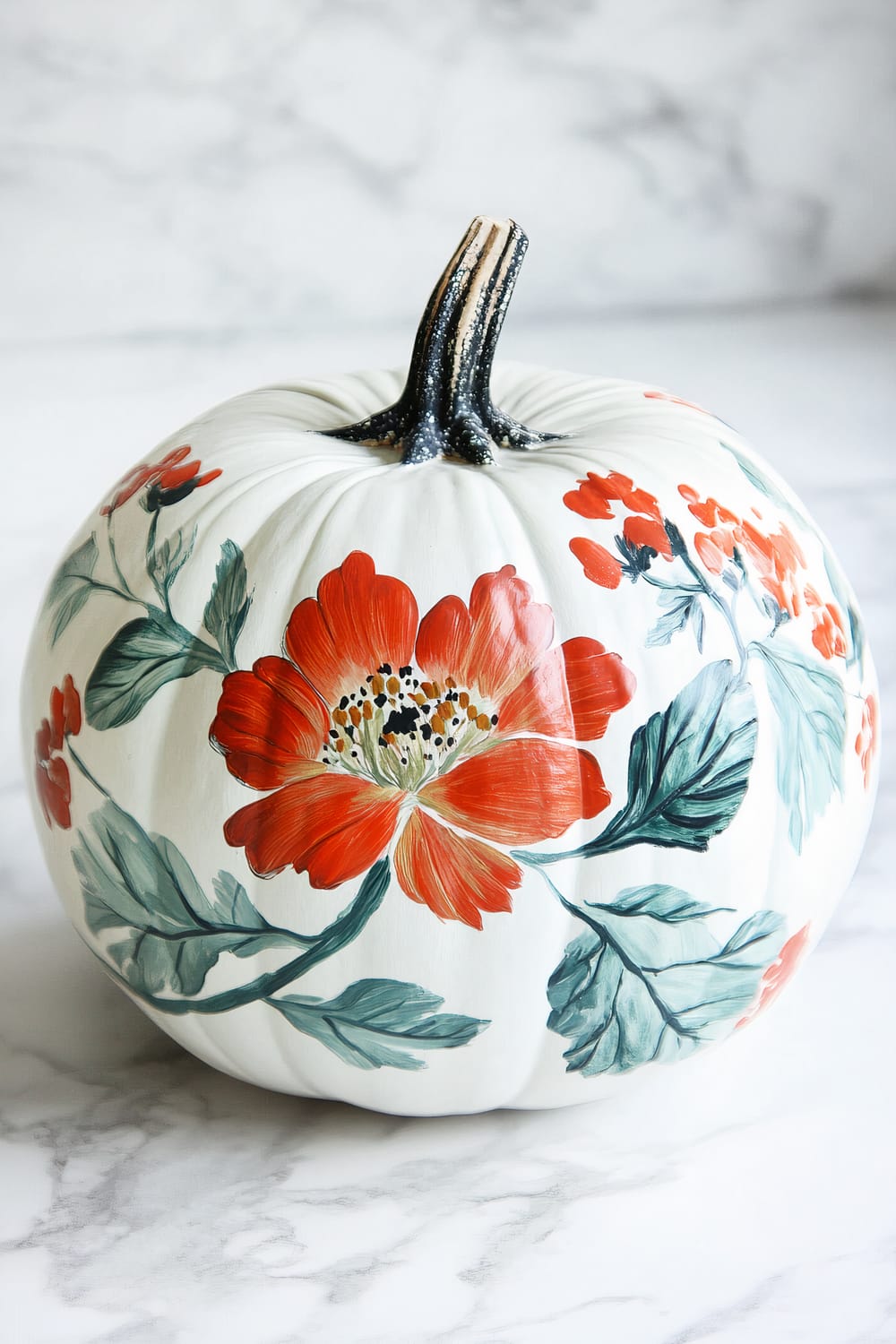 A white pumpkin featuring hand-painted red flowers with green leaves. The flowers are large, detailed with shades of red, orange, and white, intricately designed on the pumpkin's surface, giving it an elegant, artistic appearance. The pumpkin is situated on a marble surface with a soft, blurred background.